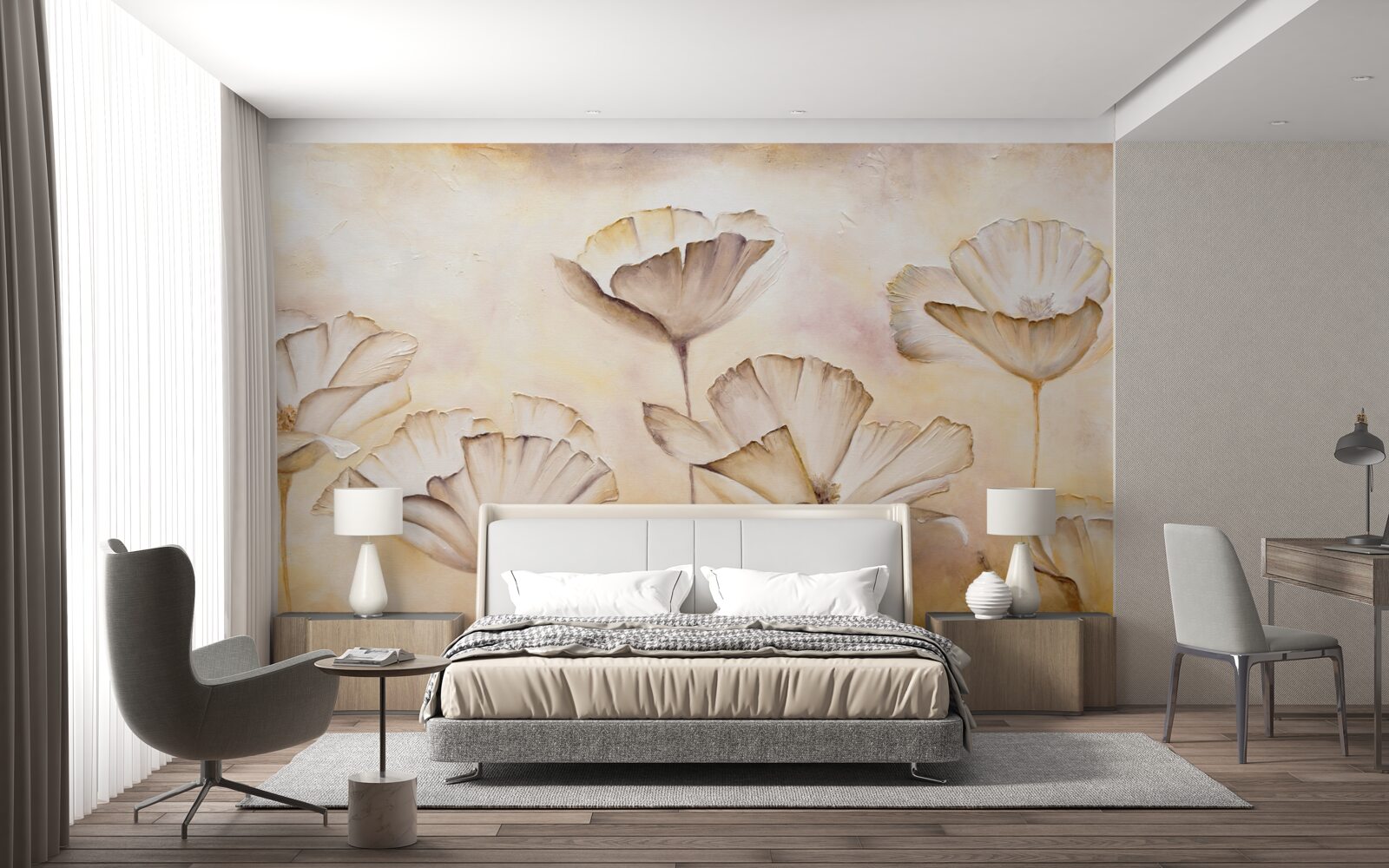 Fototapet dimineața în ceață și maci maiestuoși