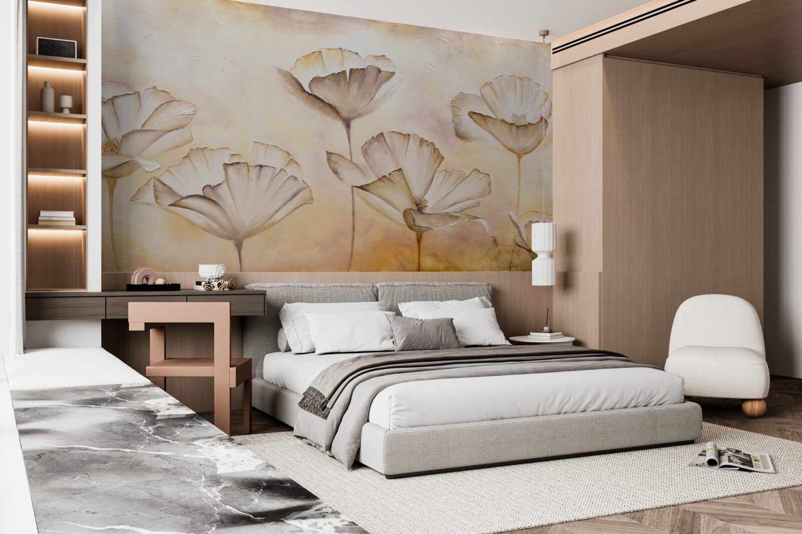 Fototapet dimineața în ceață și maci maiestuoși