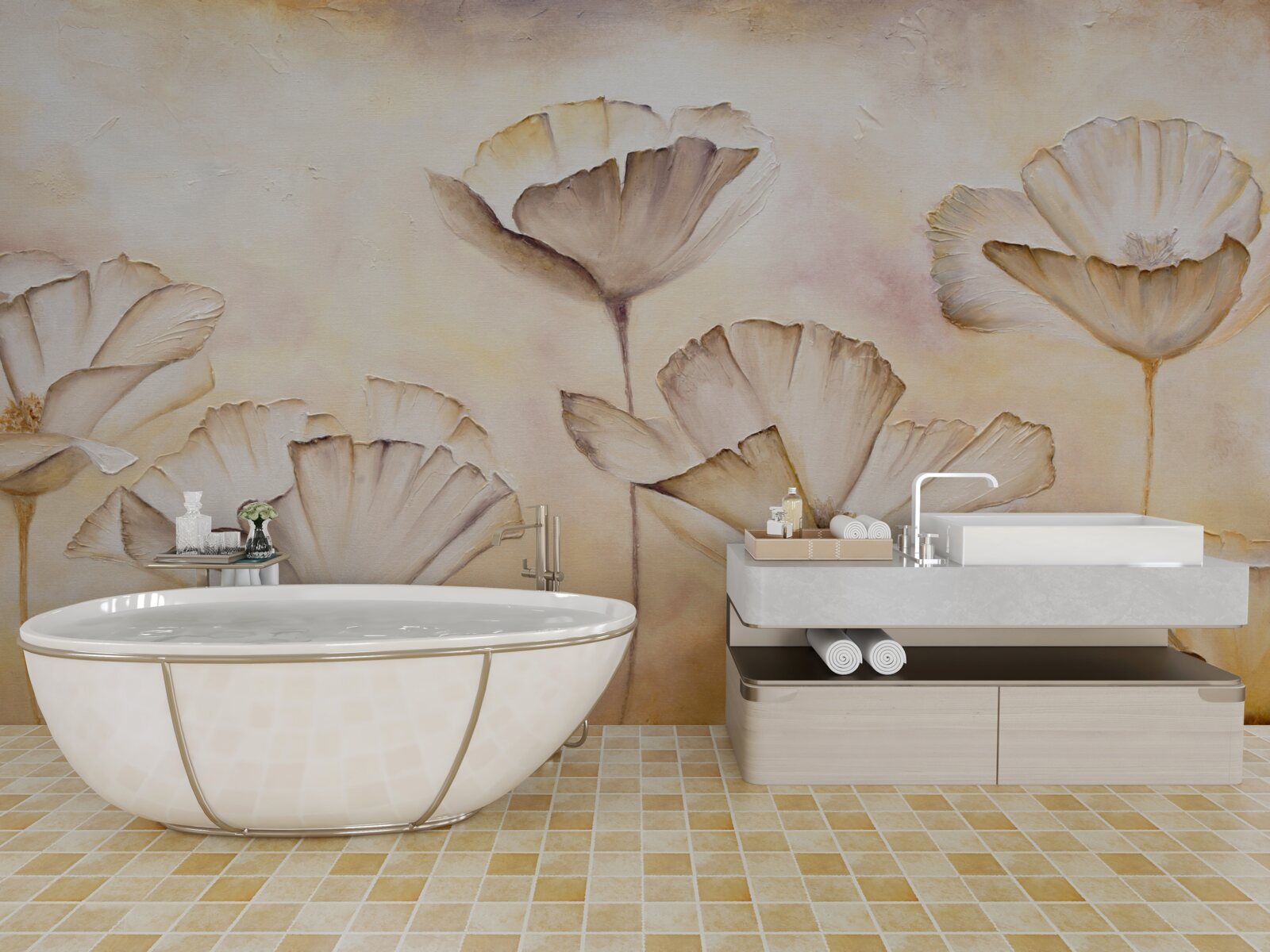 Fototapet dimineața în ceață și maci maiestuoși