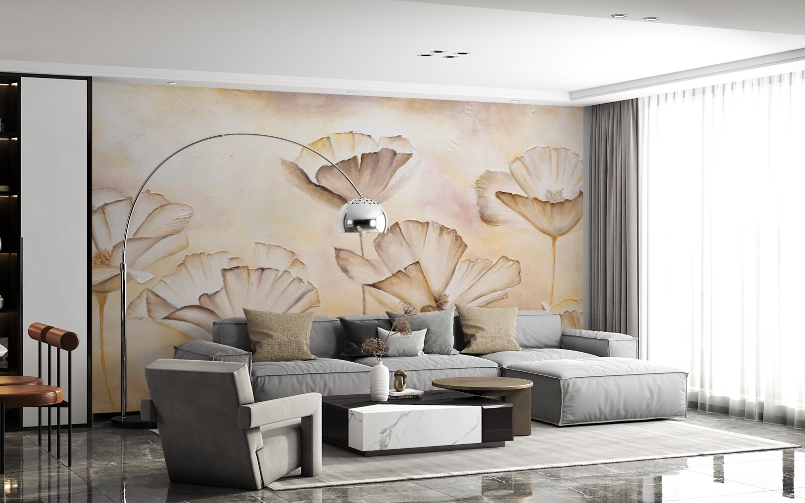 Fototapet dimineața în ceață și maci maiestuoși