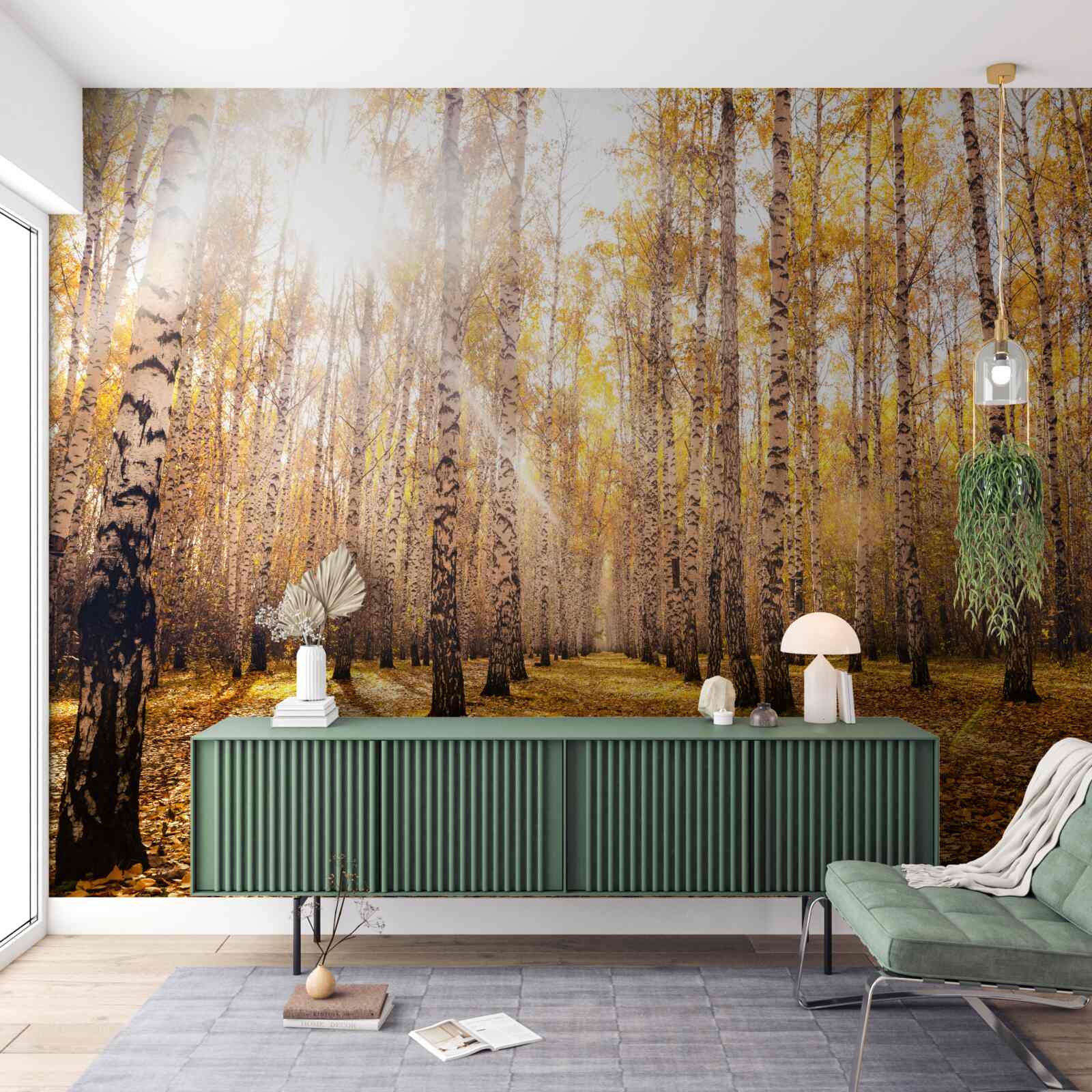 Fototapet străfulgerat în zorii unui crâng de toamnă