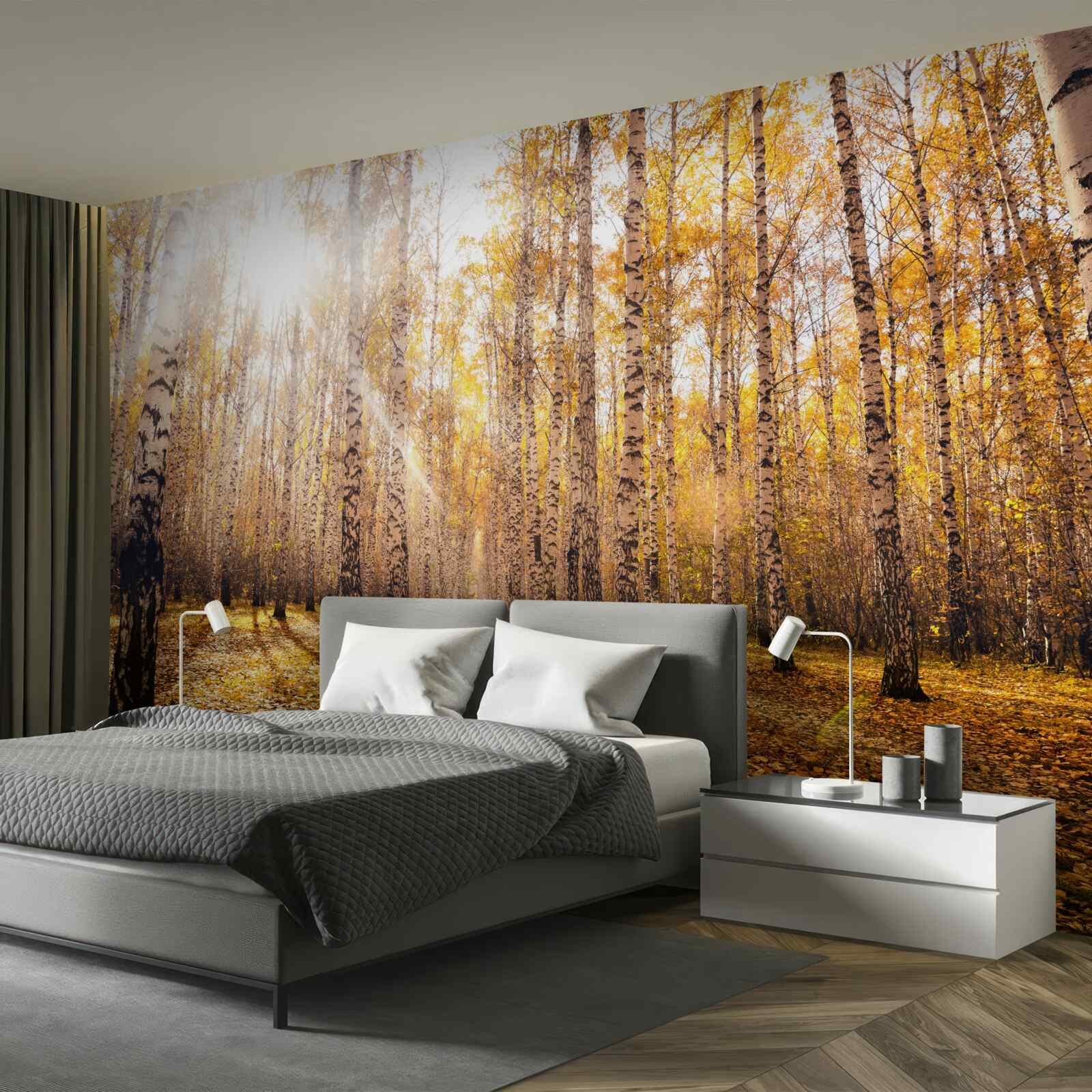 Fototapet străfulgerat în zorii unui crâng de toamnă