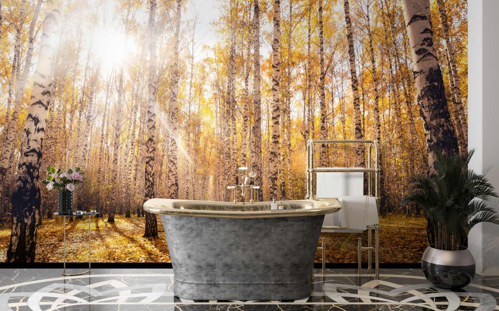 Fototapet străfulgerat în zorii unui crâng de toamnă