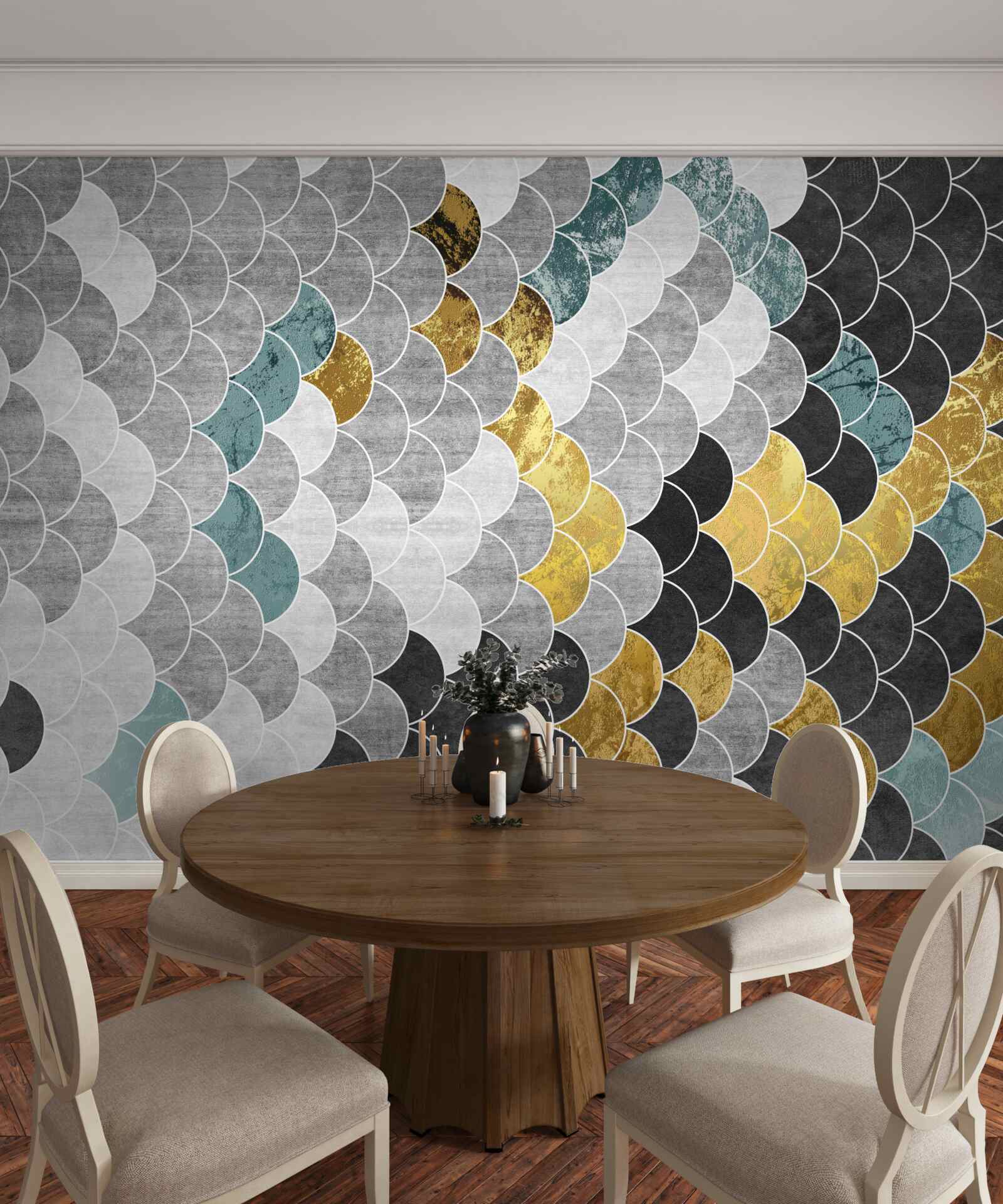 Fototapet forme geometrice în alb și negru cu elemente aurii