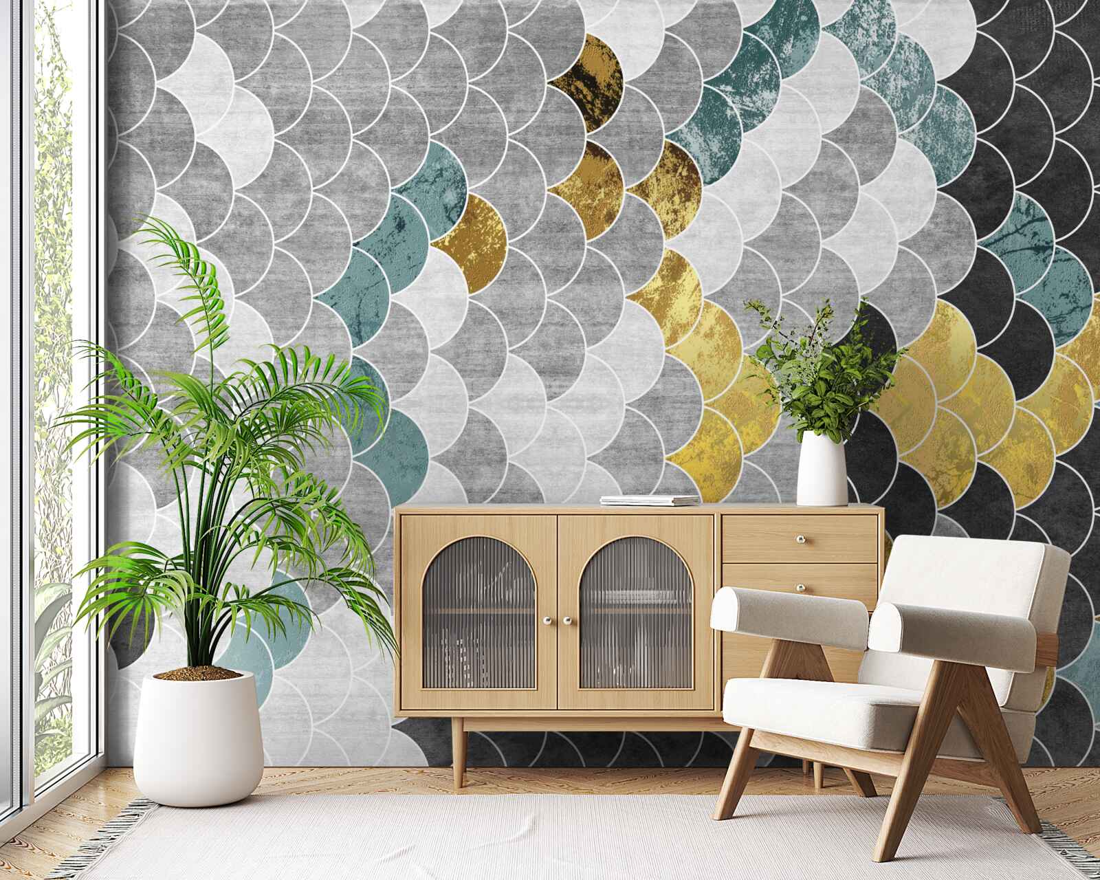 Fototapet forme geometrice în alb și negru cu elemente aurii