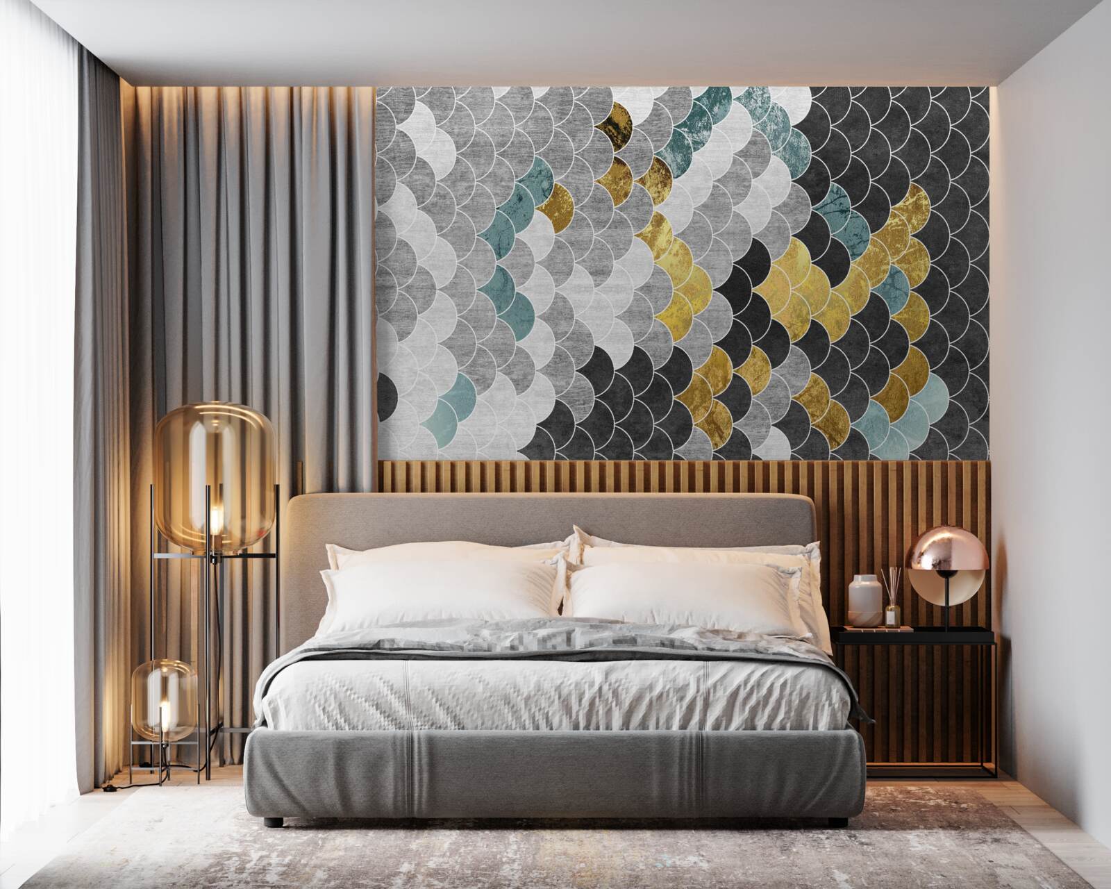 Fototapet forme geometrice în alb și negru cu elemente aurii