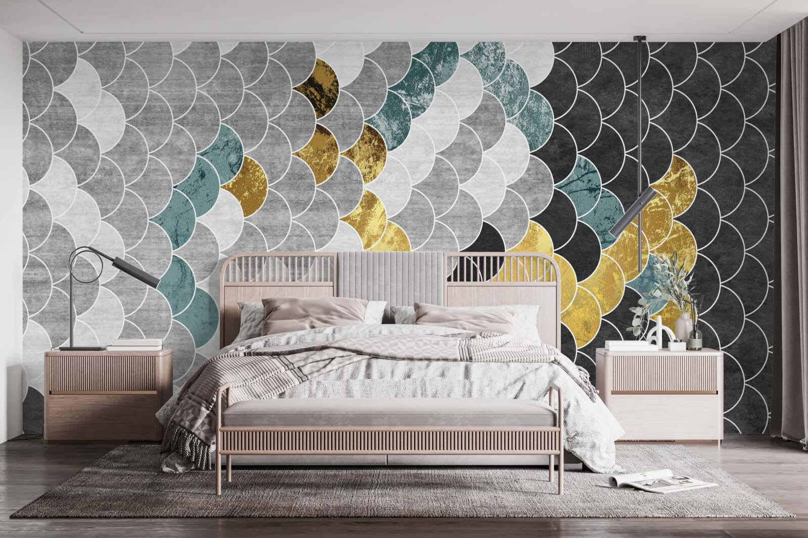 Fototapet forme geometrice în alb și negru cu elemente aurii