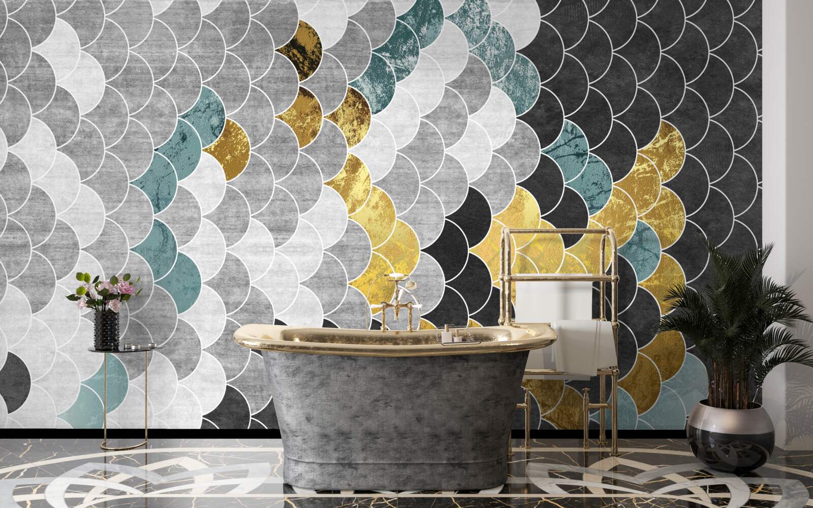 Fototapet forme geometrice în alb și negru cu elemente aurii