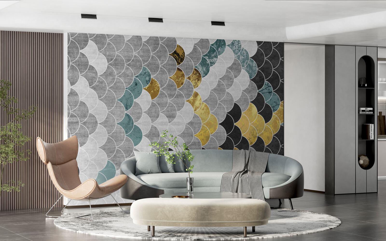 Fototapet forme geometrice în alb și negru cu elemente aurii