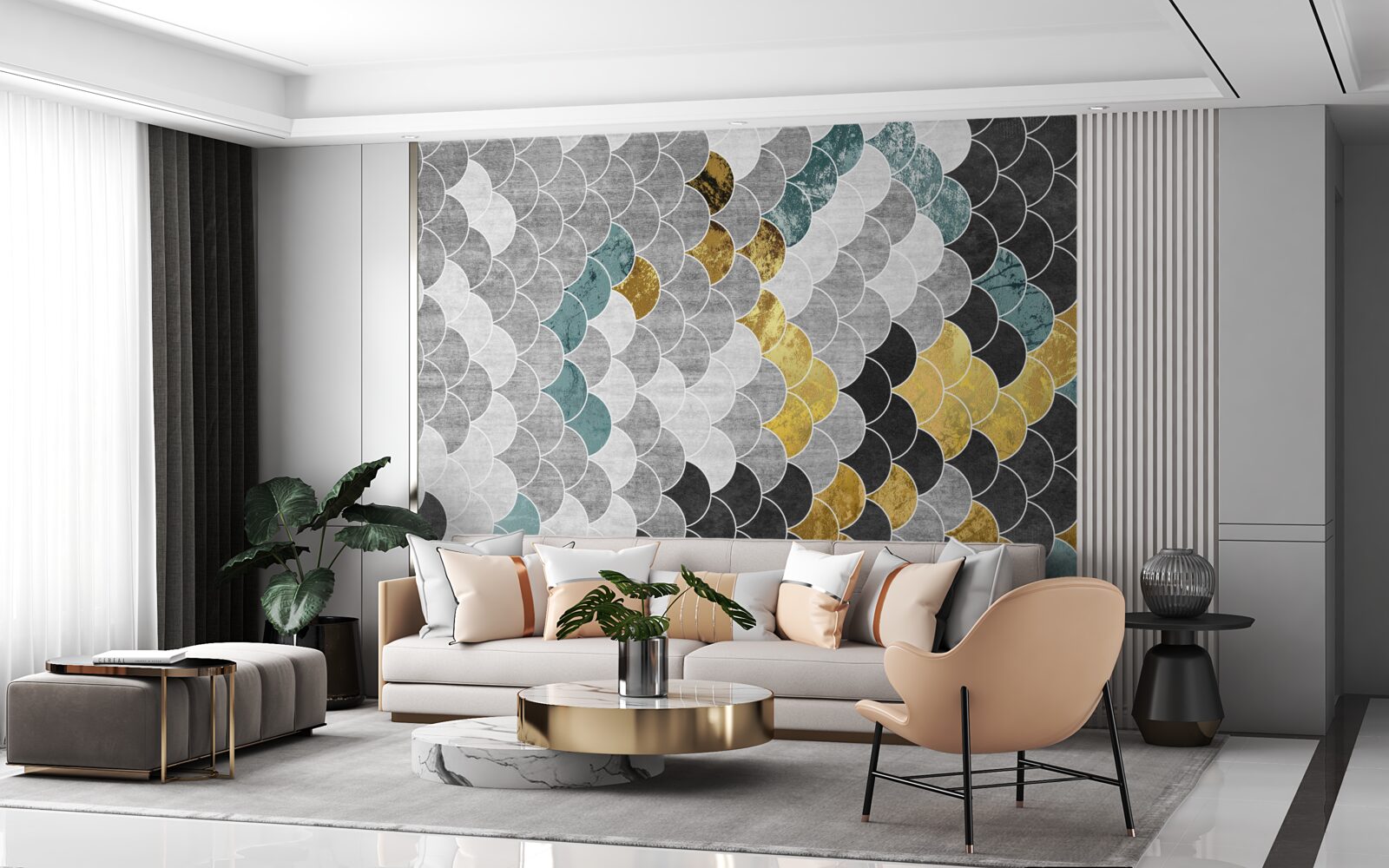 Fototapet forme geometrice în alb și negru cu elemente aurii