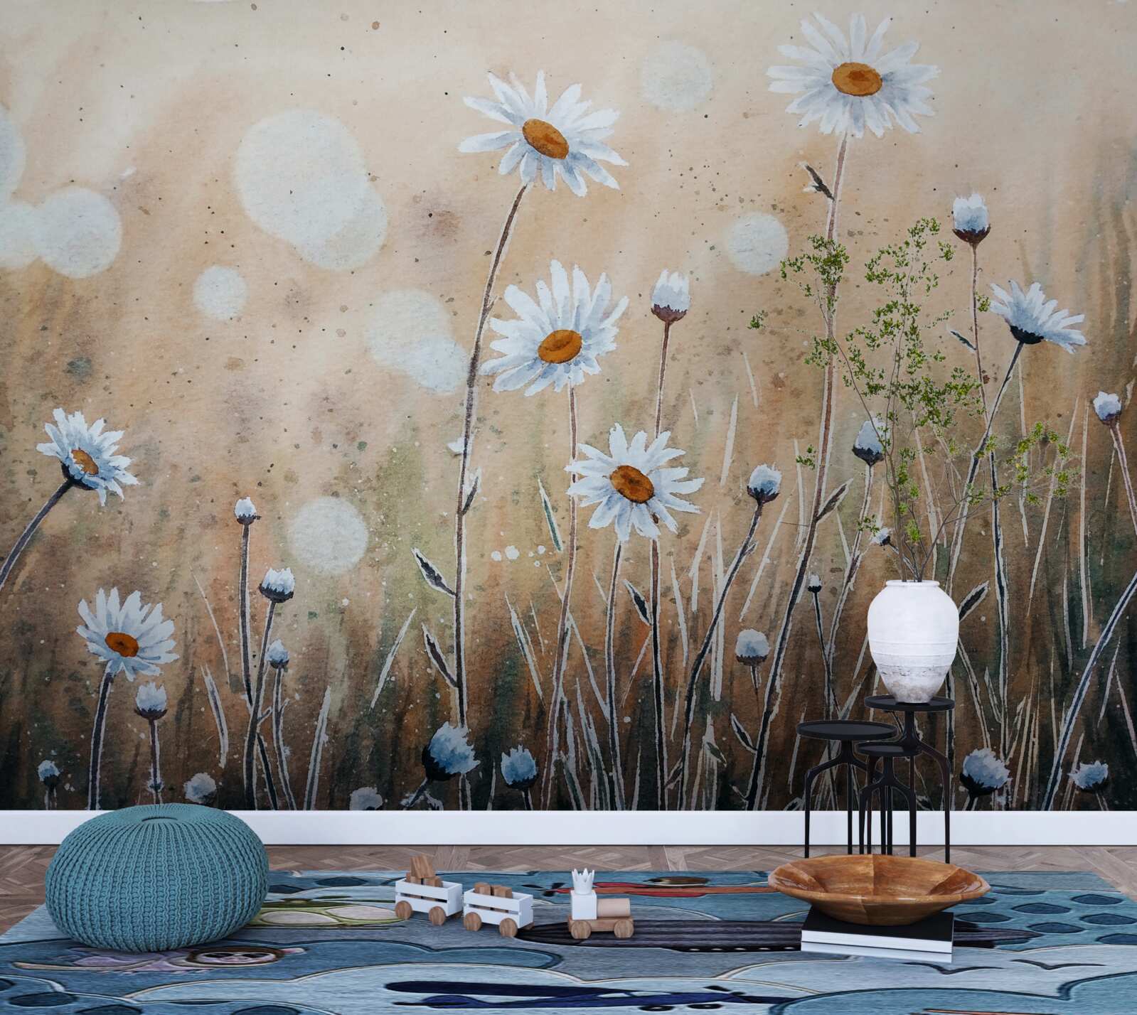 Fototapet ca niște margarete model într-o ploaie de vară