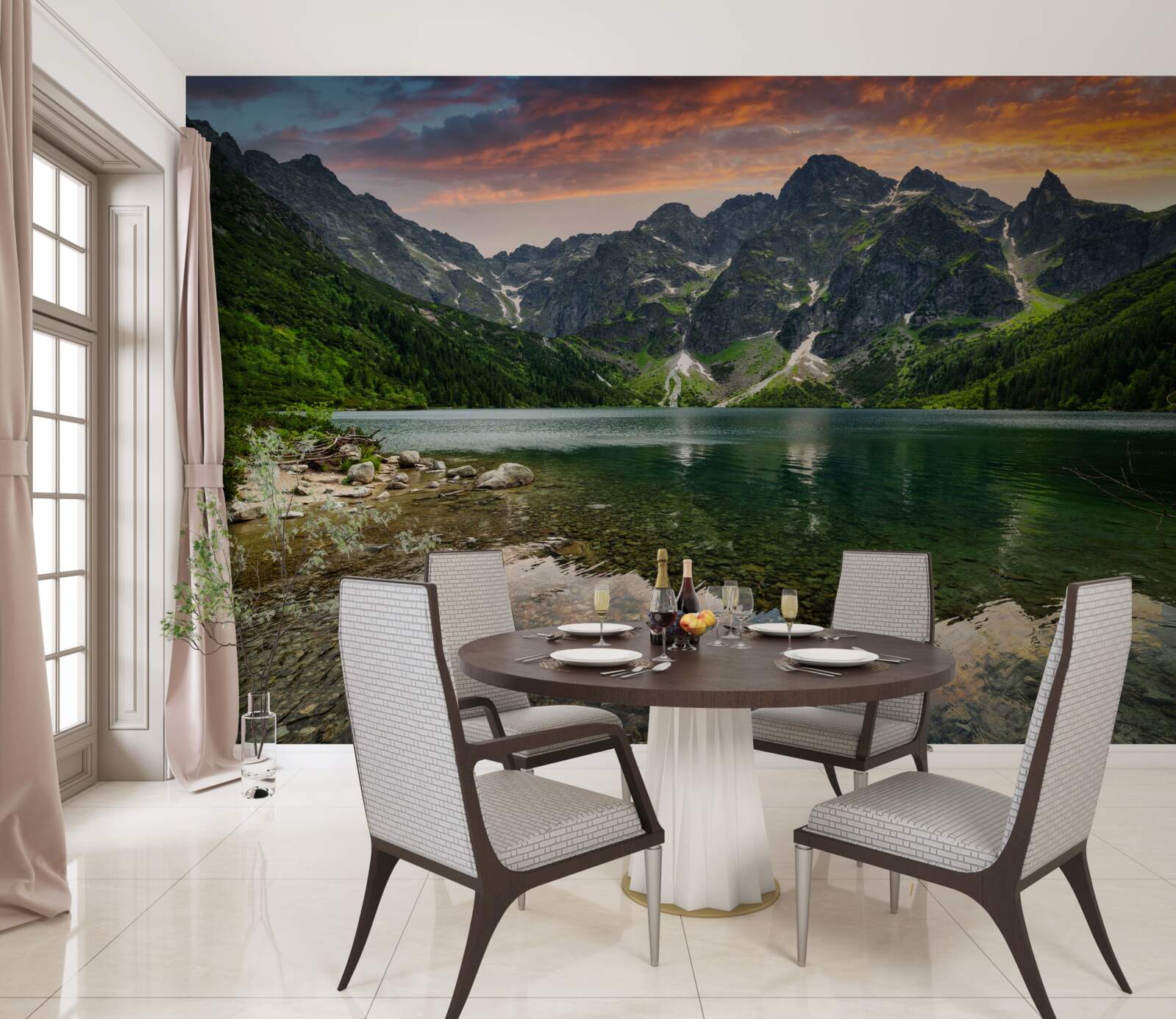 Fototapet o seară calmă, caldă și un iaz de munte