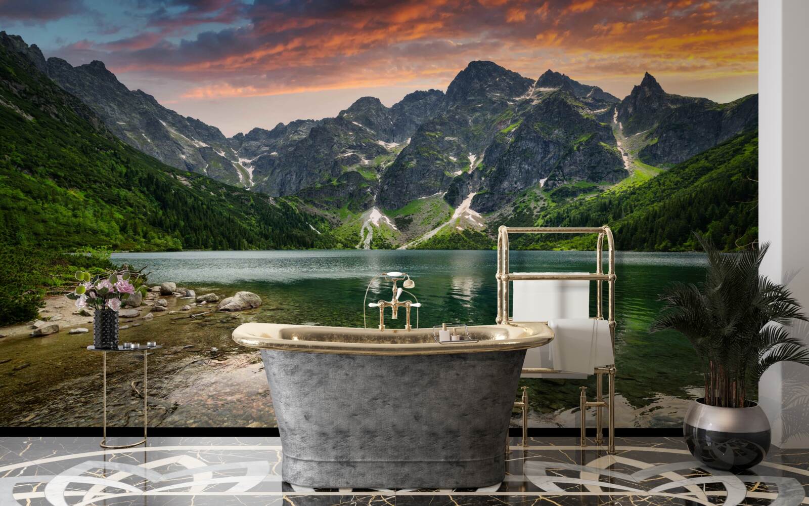 Fototapet o seară calmă, caldă și un iaz de munte