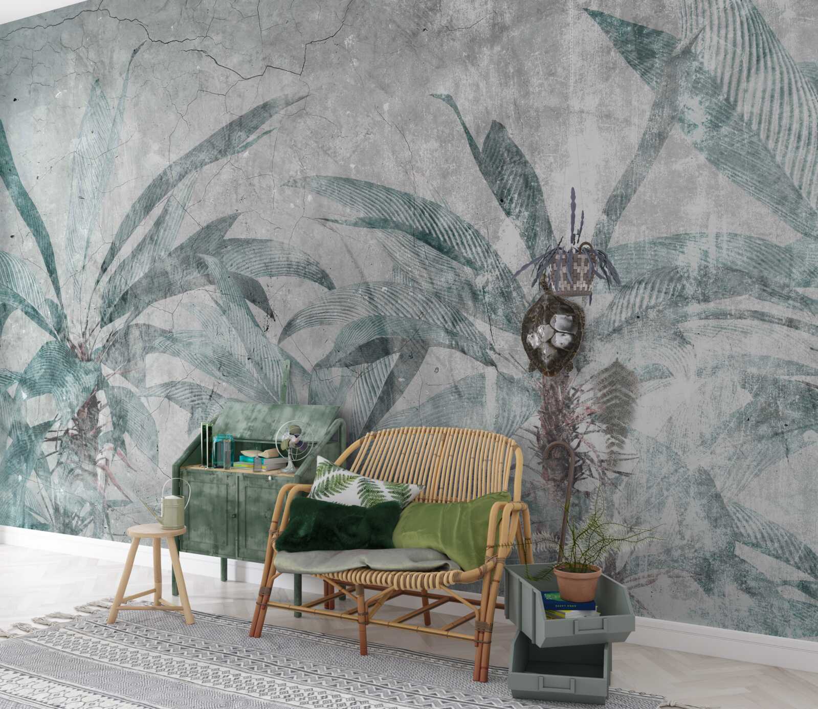 Fototapet palmieri înconjurați de verdeață sub picăturile de ploaie