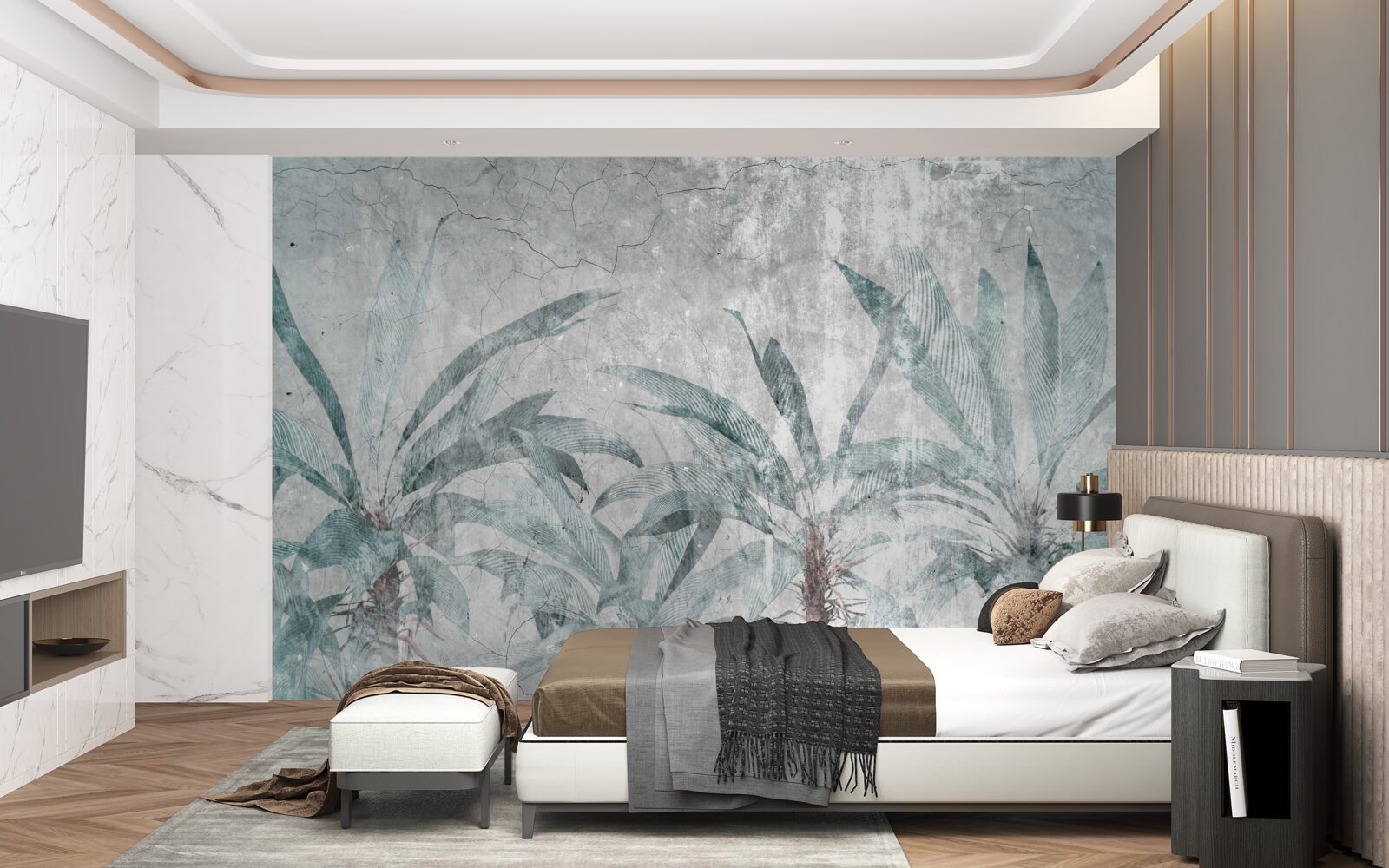 Fototapet palmieri înconjurați de verdeață sub picăturile de ploaie