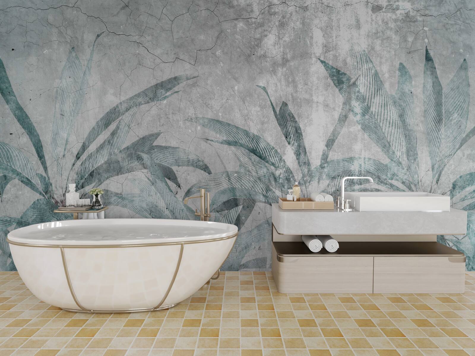 Fototapet palmieri înconjurați de verdeață sub picăturile de ploaie