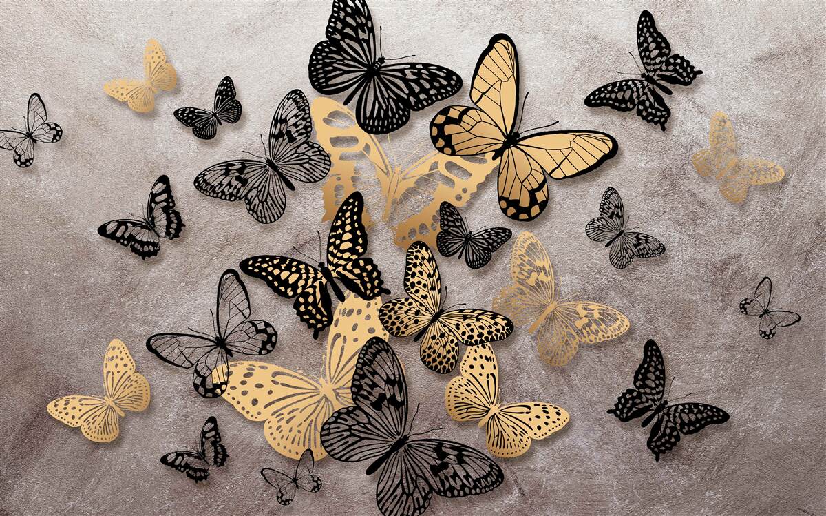 Fototapet fluturii aurii și negri iau zborul