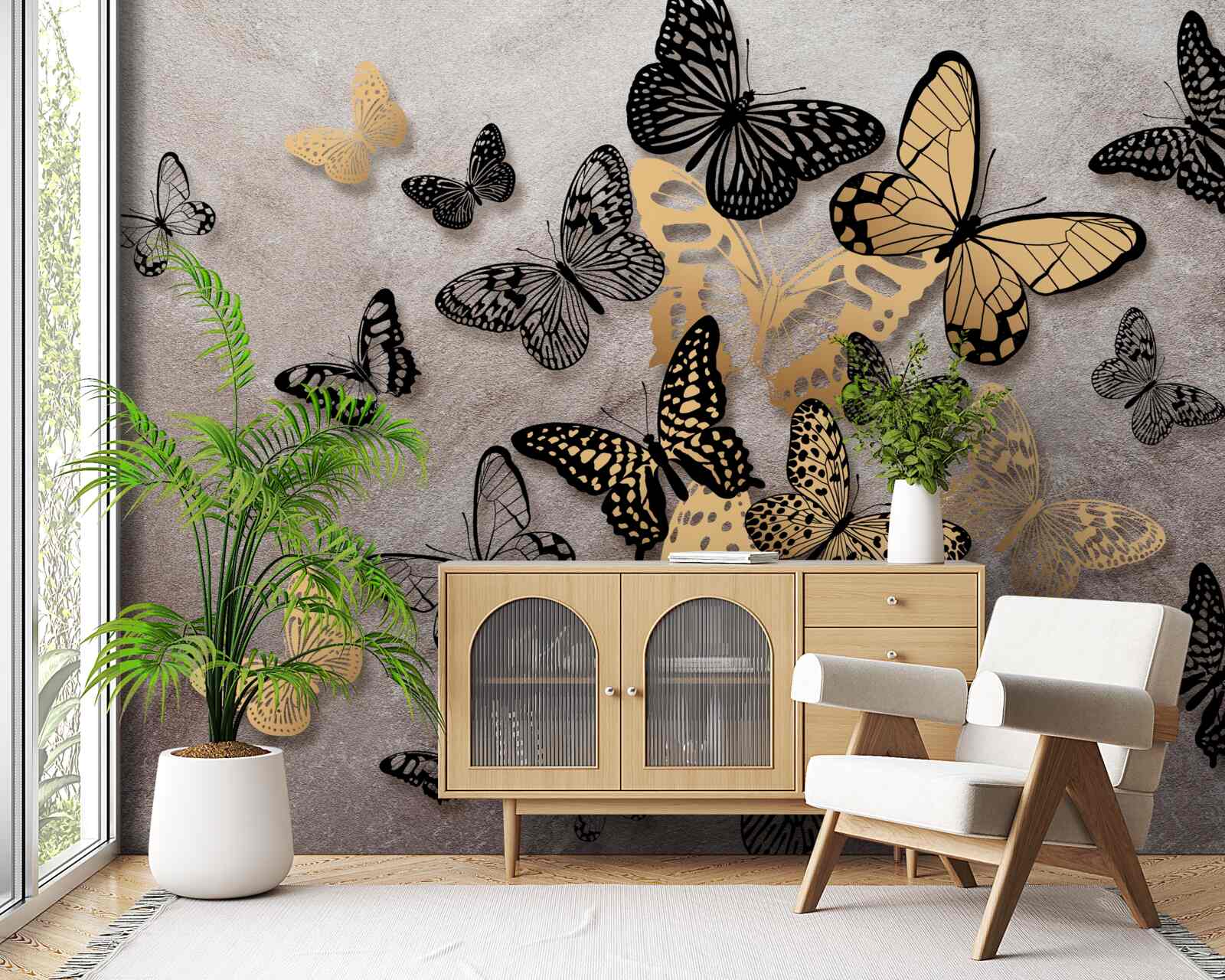 Fototapet fluturii aurii și negri iau zborul