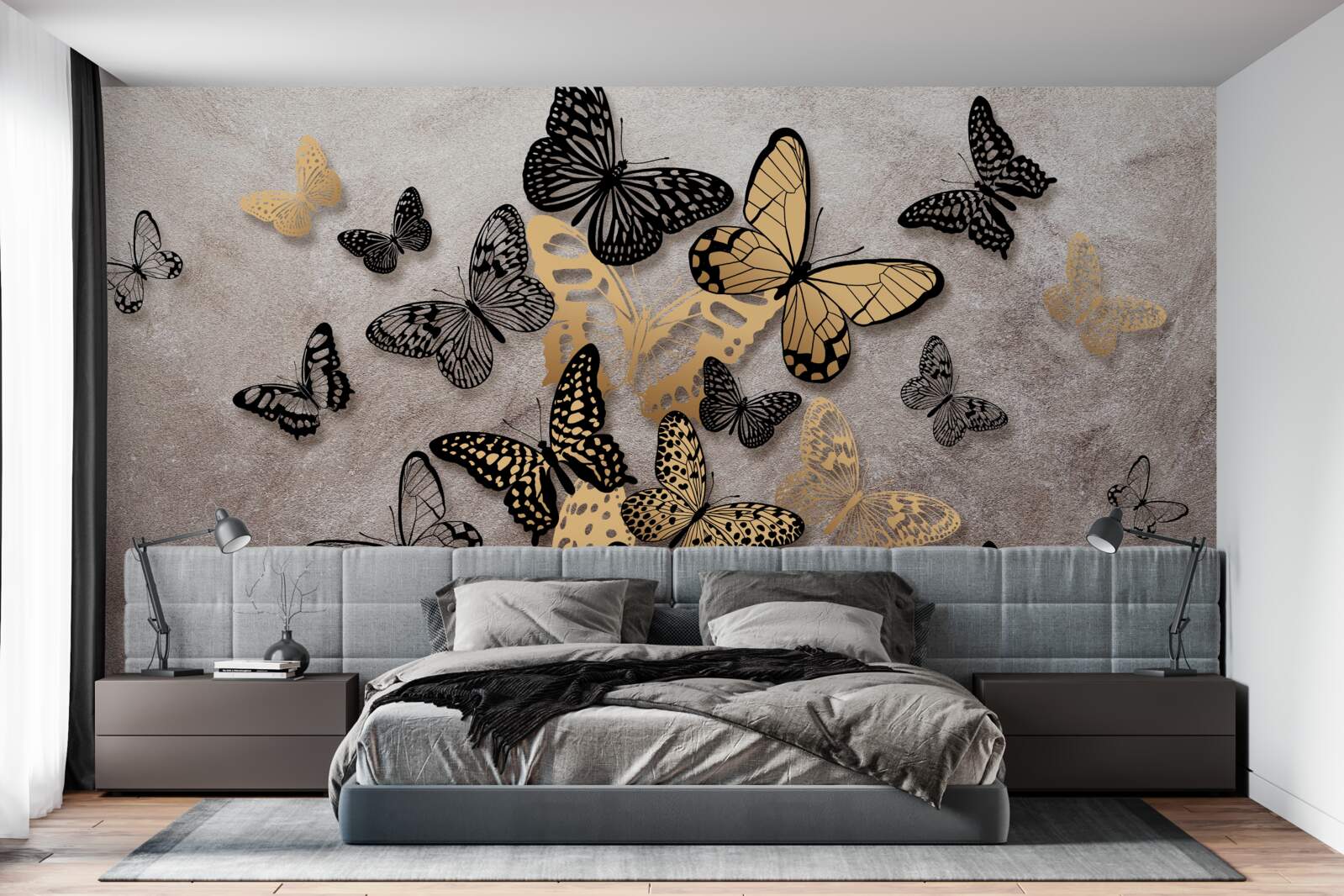 Fototapet fluturii aurii și negri iau zborul