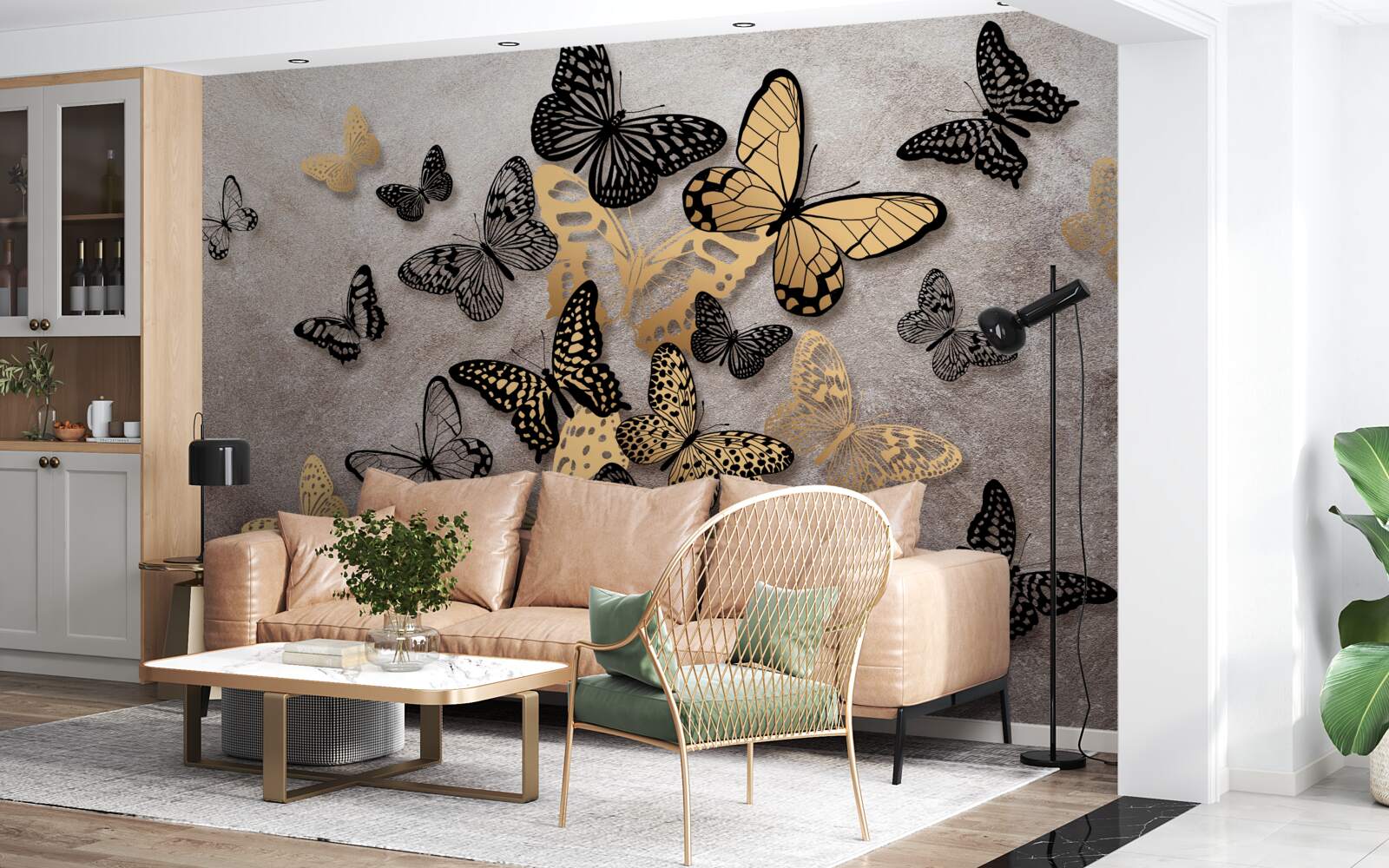 Fototapet fluturii aurii și negri iau zborul