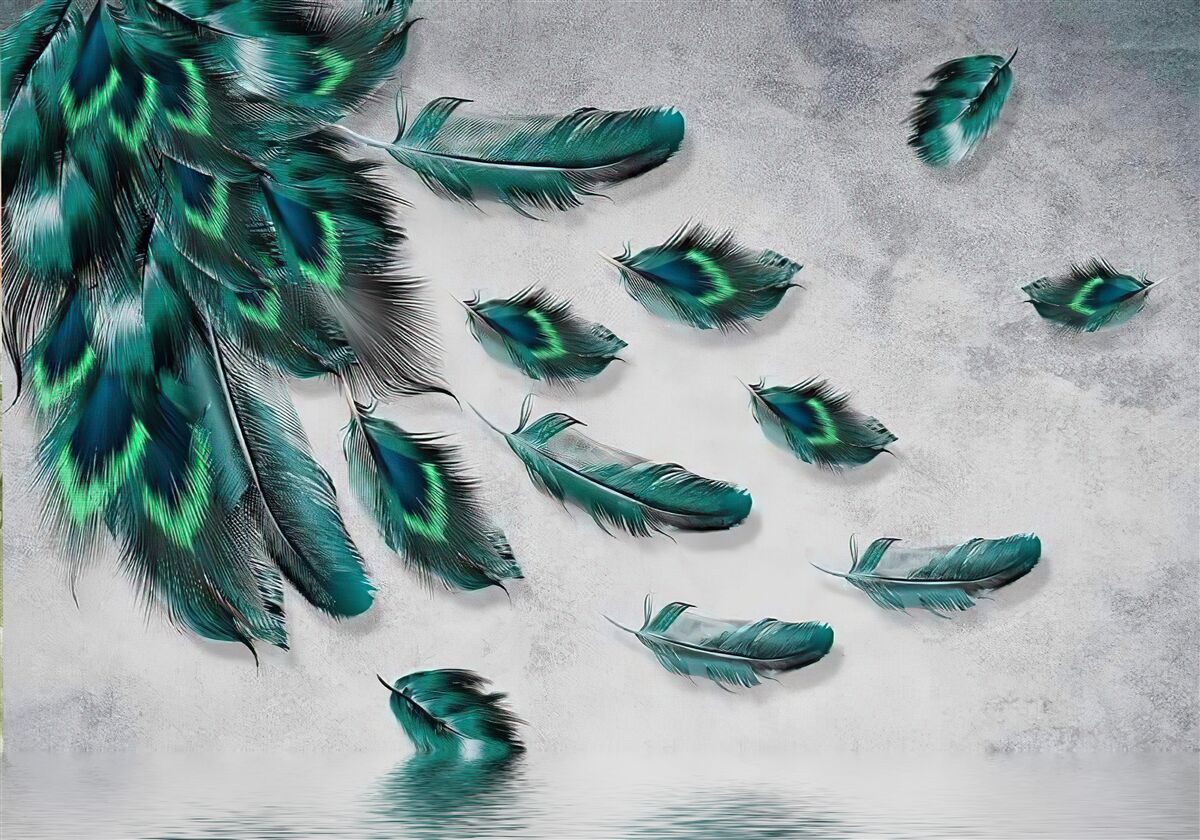 Fototapet apa este acoperită cu pene de păun de smarald care coboară