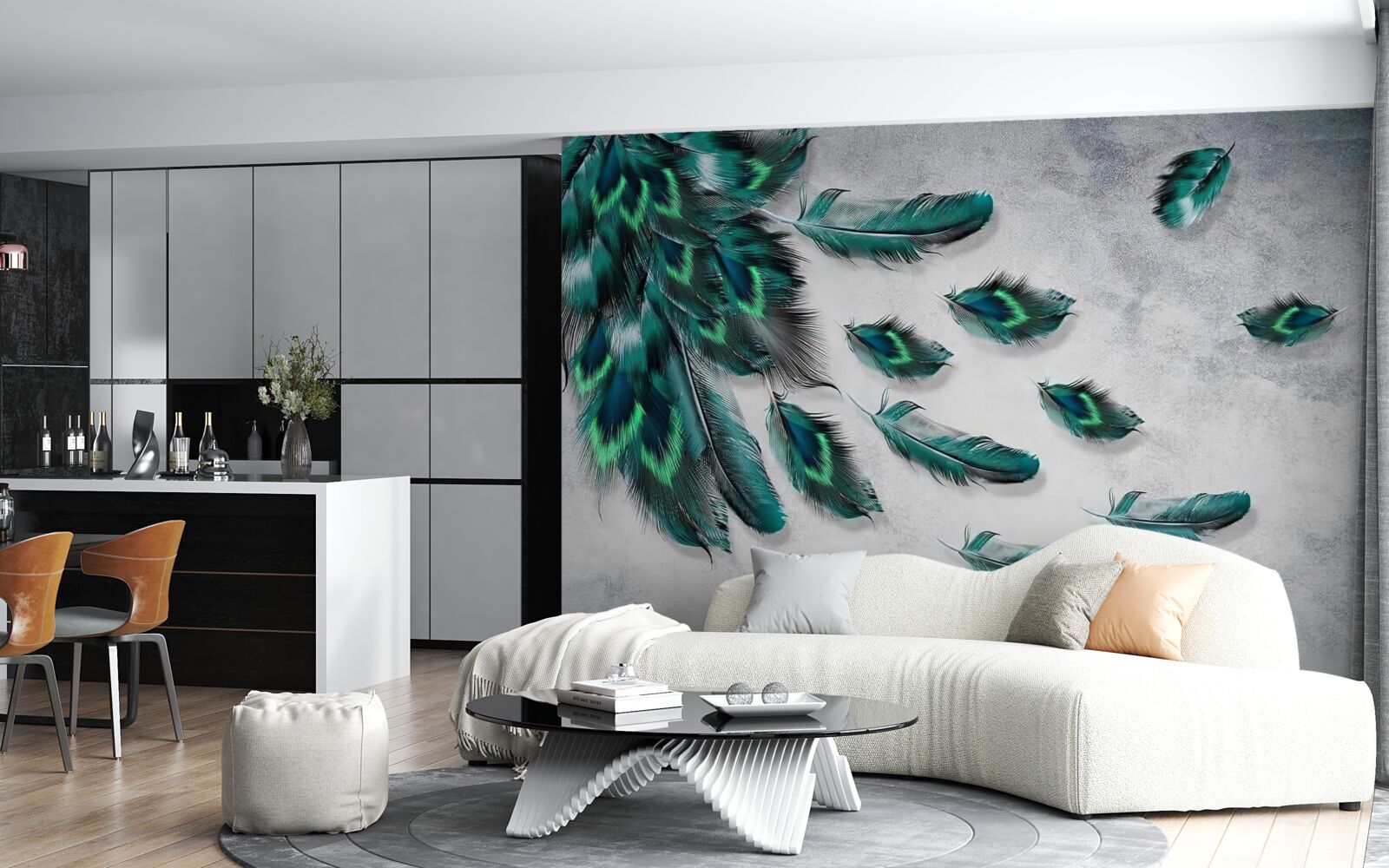 Fototapet apa este acoperită cu pene de păun de smarald care coboară