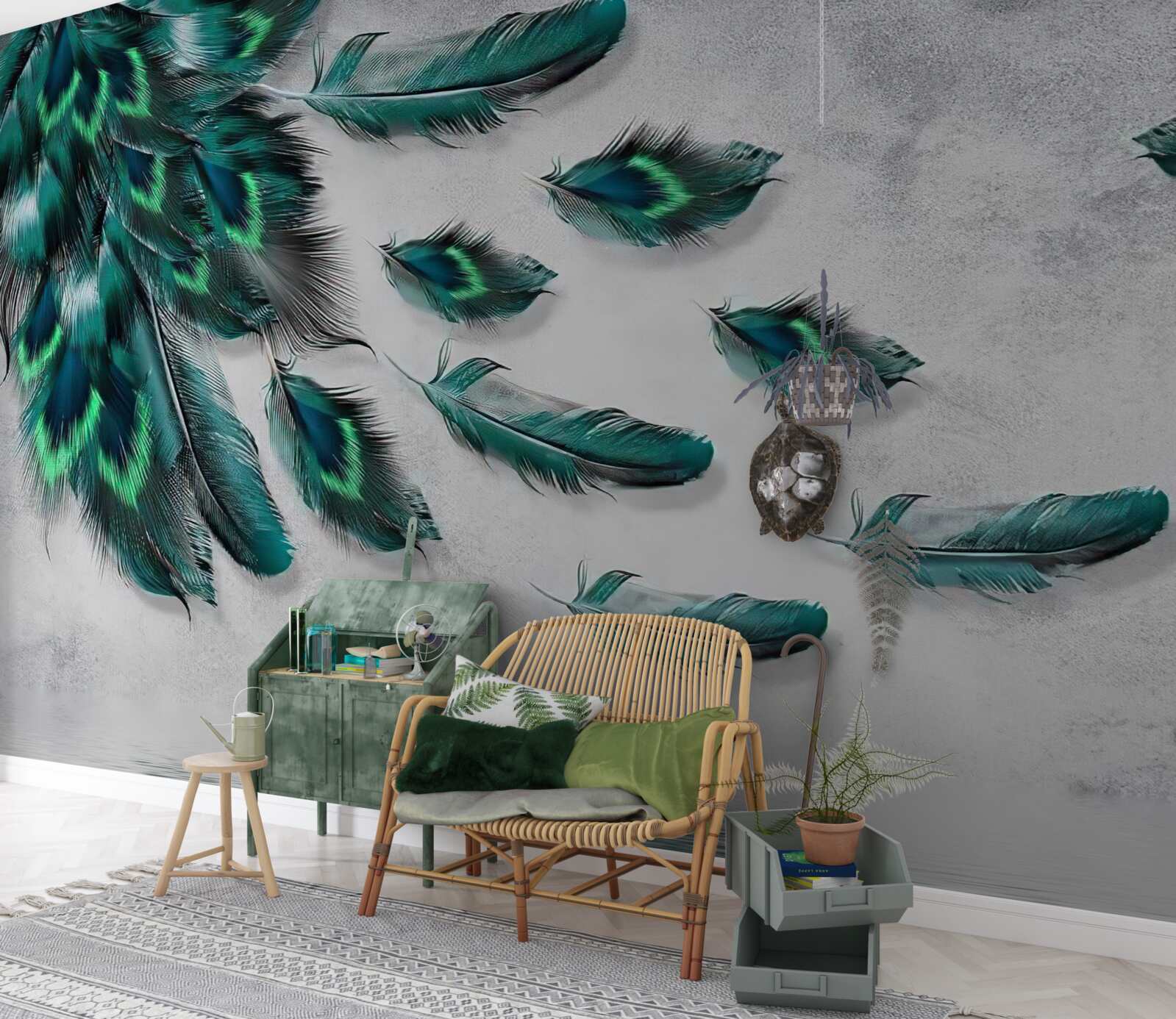 Fototapet apa este acoperită cu pene de păun de smarald care coboară