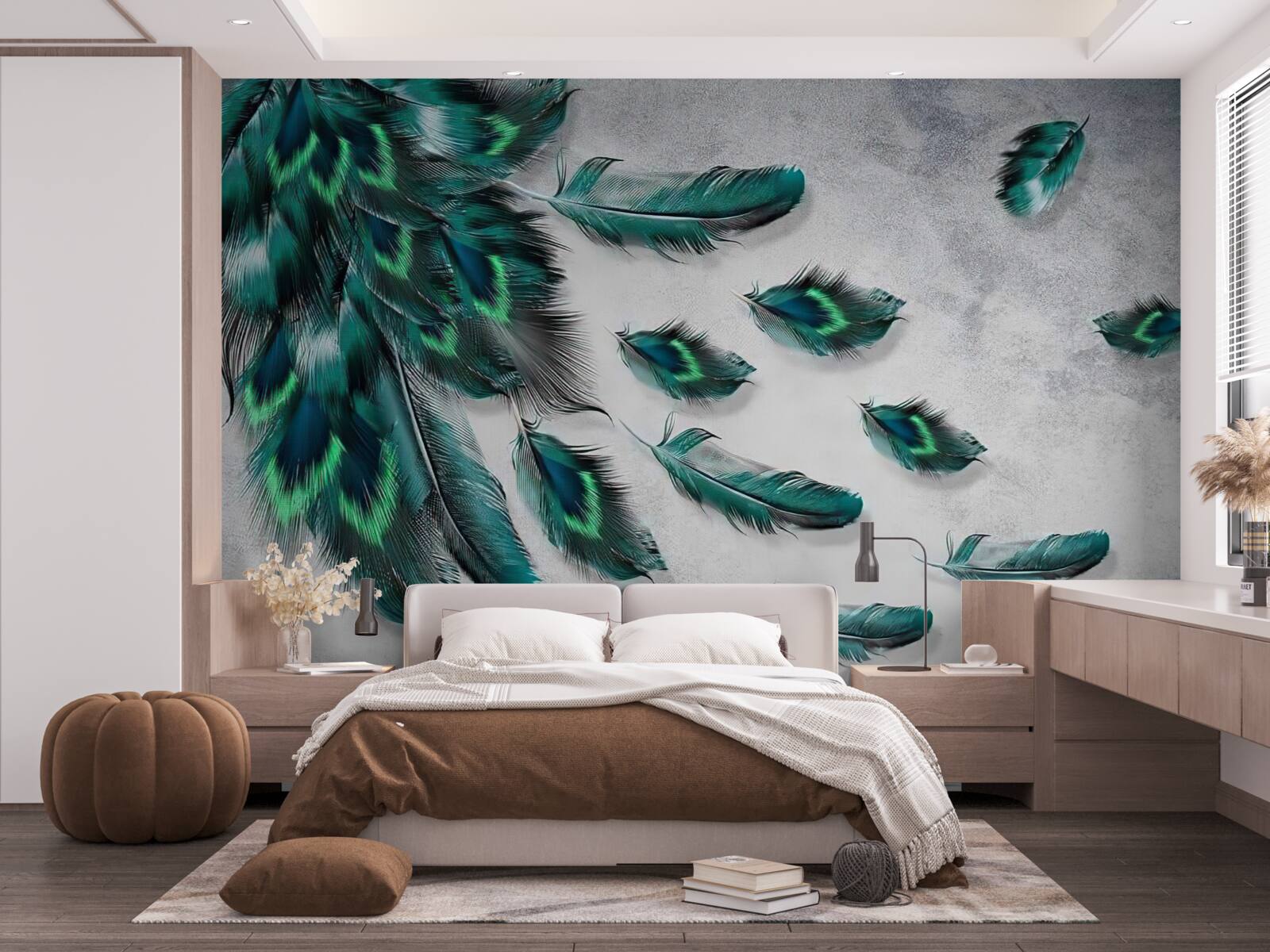 Fototapet apa este acoperită cu pene de păun de smarald care coboară