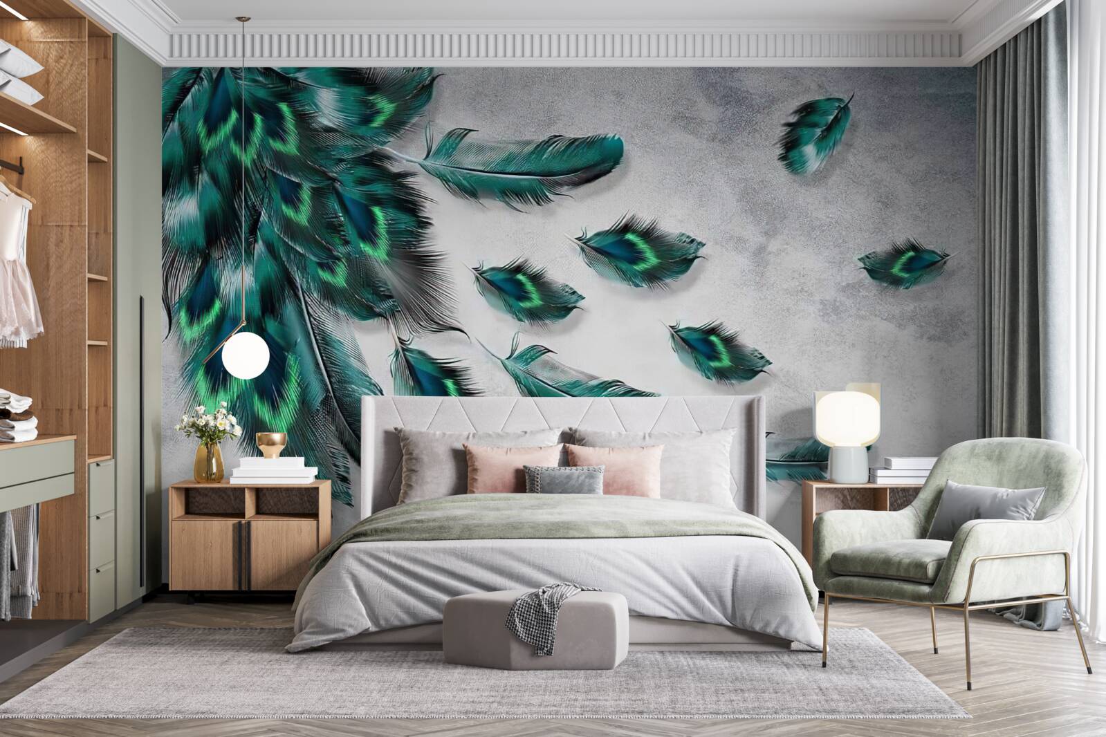 Fototapet apa este acoperită cu pene de păun de smarald care coboară