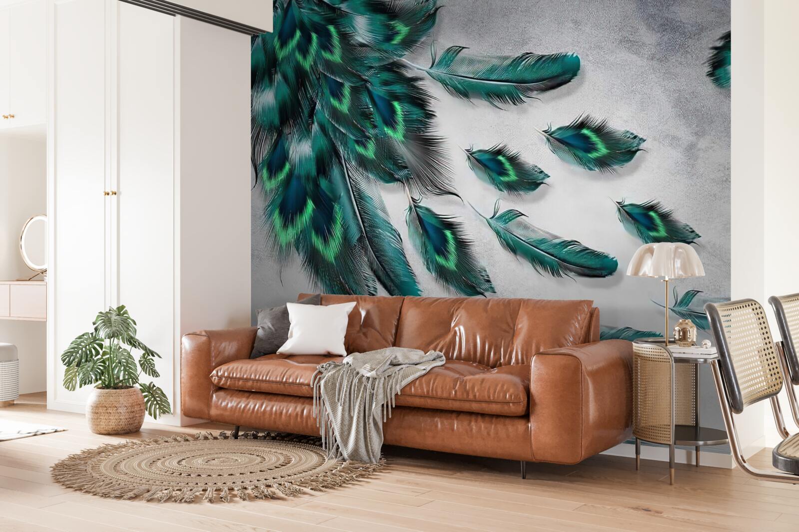 Fototapet apa este acoperită cu pene de păun de smarald care coboară