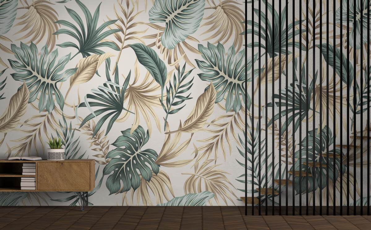 Fototapet frunze de junglă în nuanțe de verde și auriu