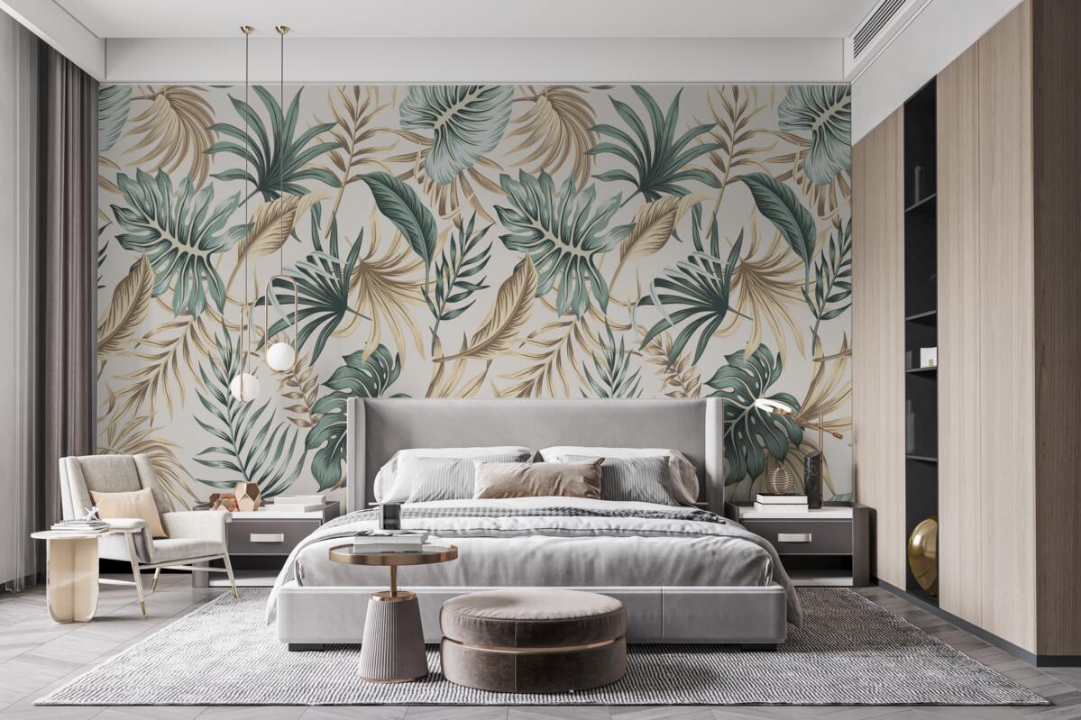 Fototapet frunze de junglă în nuanțe de verde și auriu