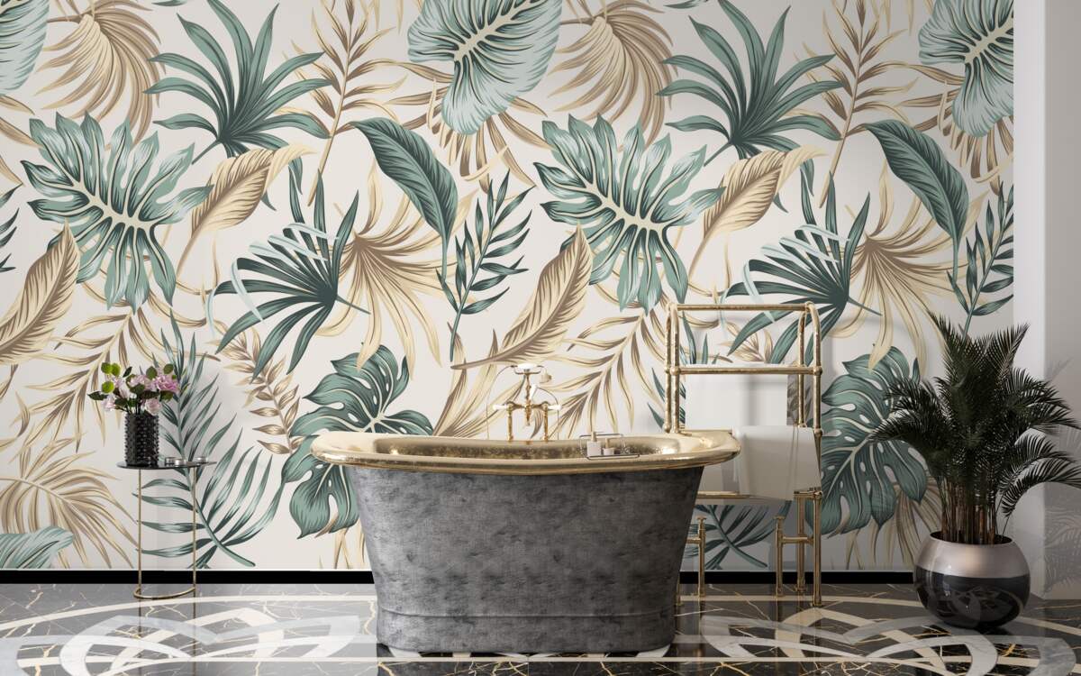 Fototapet frunze de junglă în nuanțe de verde și auriu