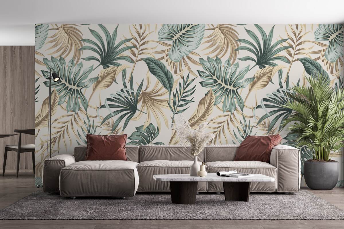Fototapet frunze de junglă în nuanțe de verde și auriu