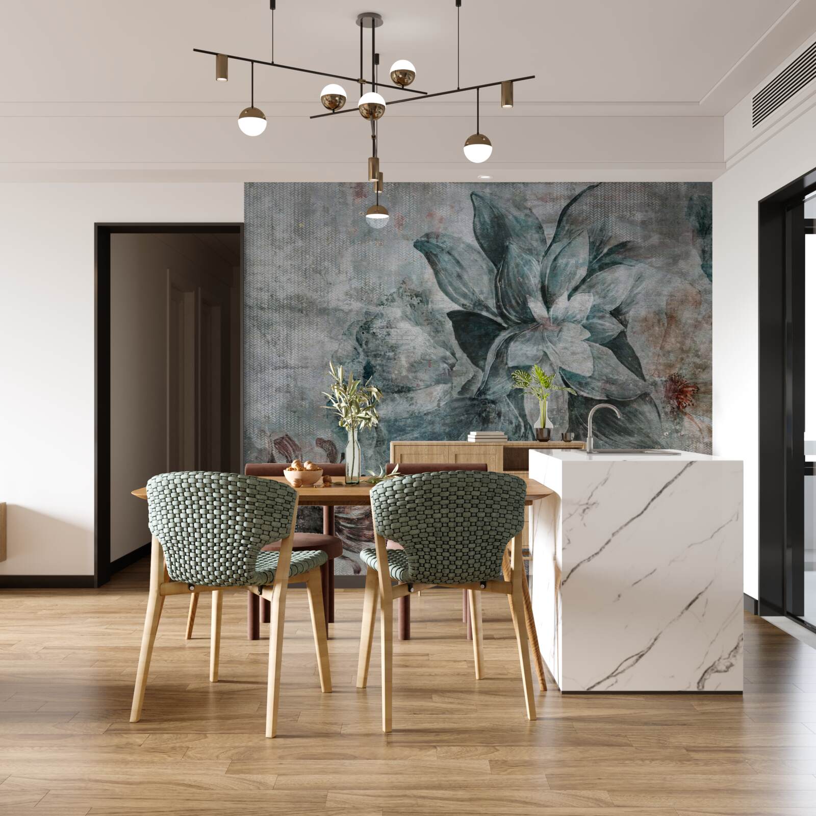 Fototapet floare alb-albastră pe un fundal neclar