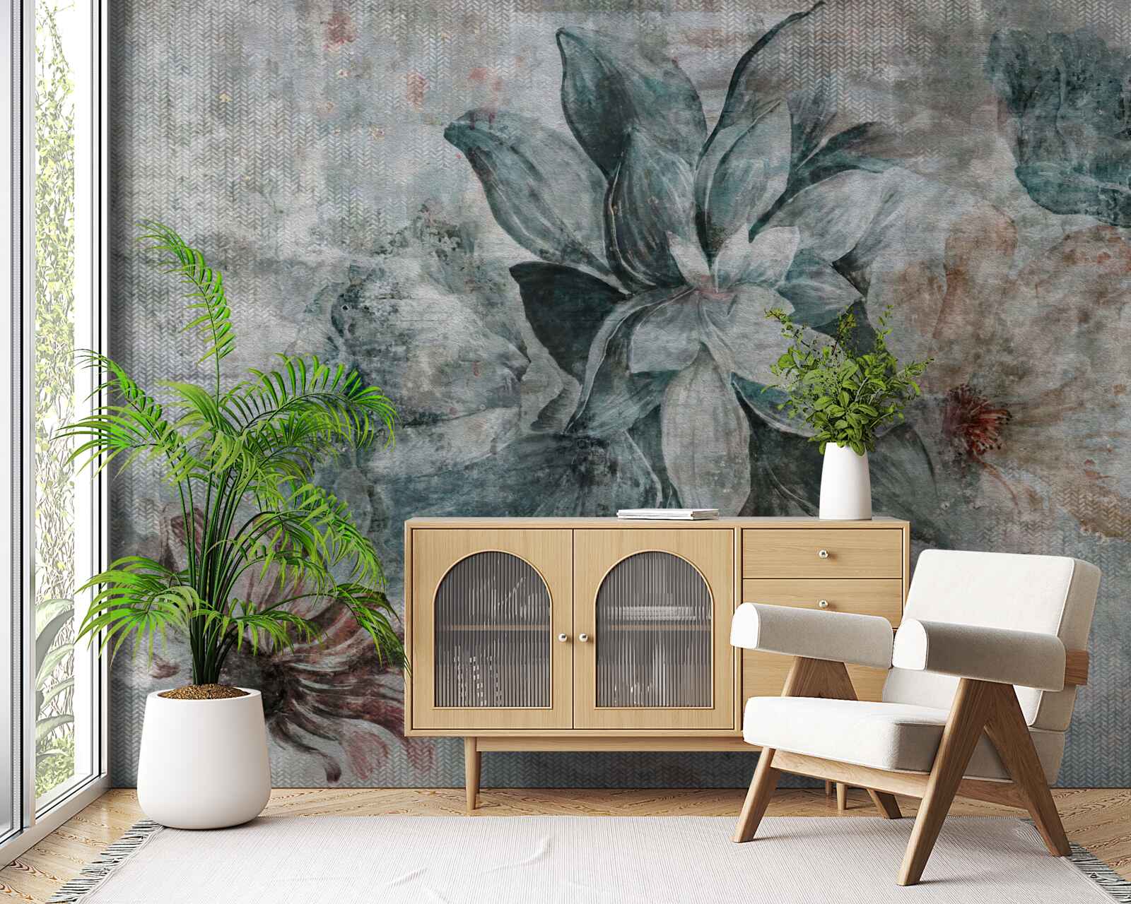 Fototapet floare alb-albastră pe un fundal neclar