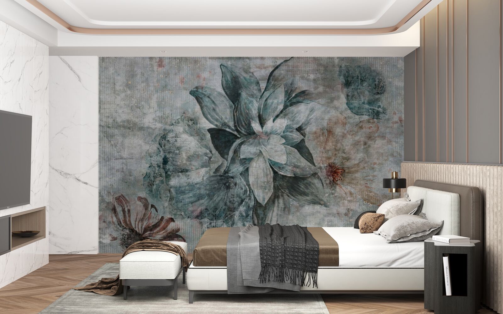 Fototapet floare alb-albastră pe un fundal neclar