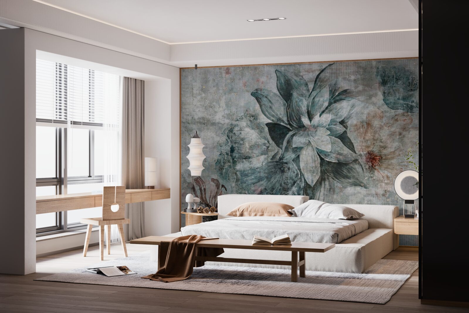 Fototapet floare alb-albastră pe un fundal neclar