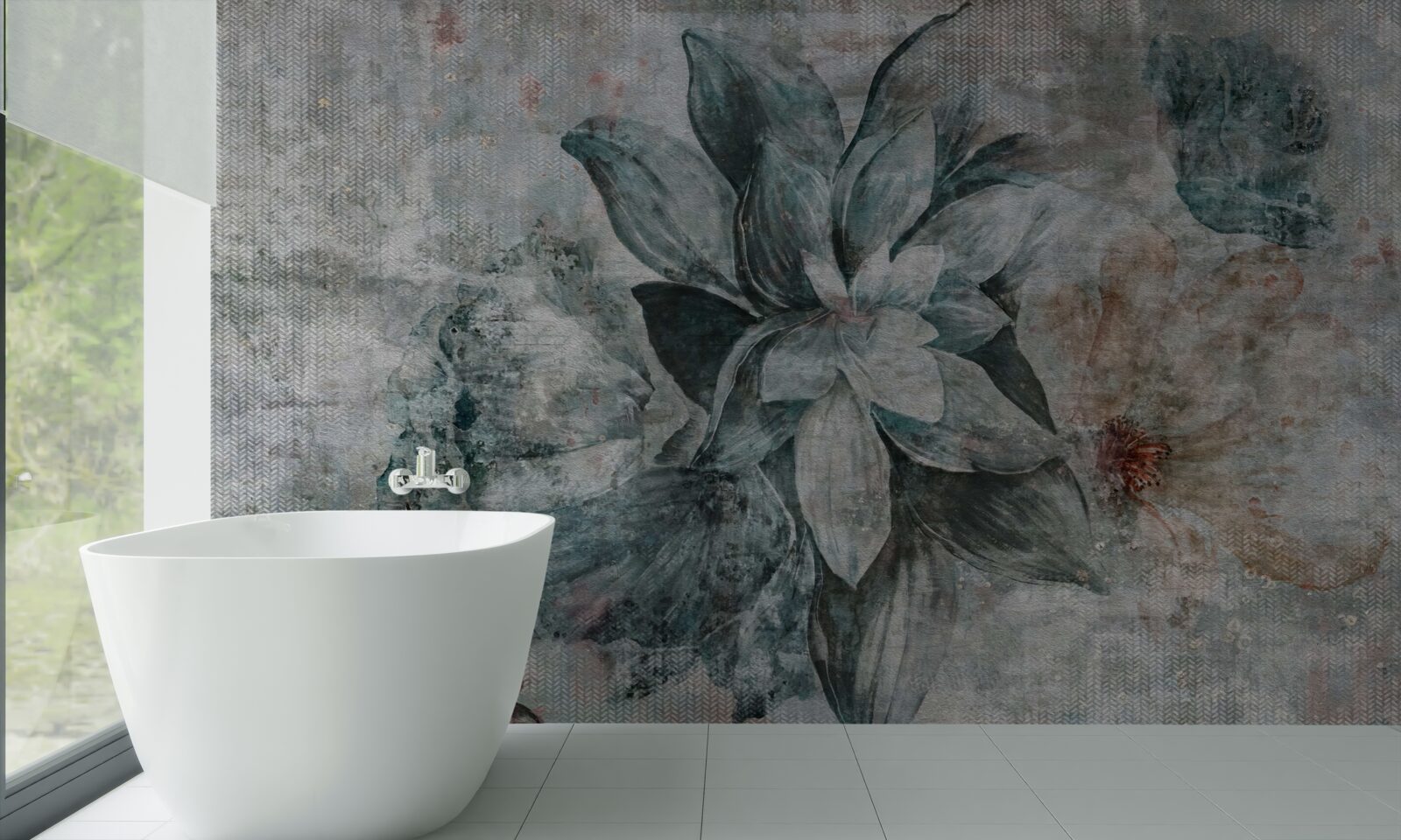 Fototapet floare alb-albastră pe un fundal neclar