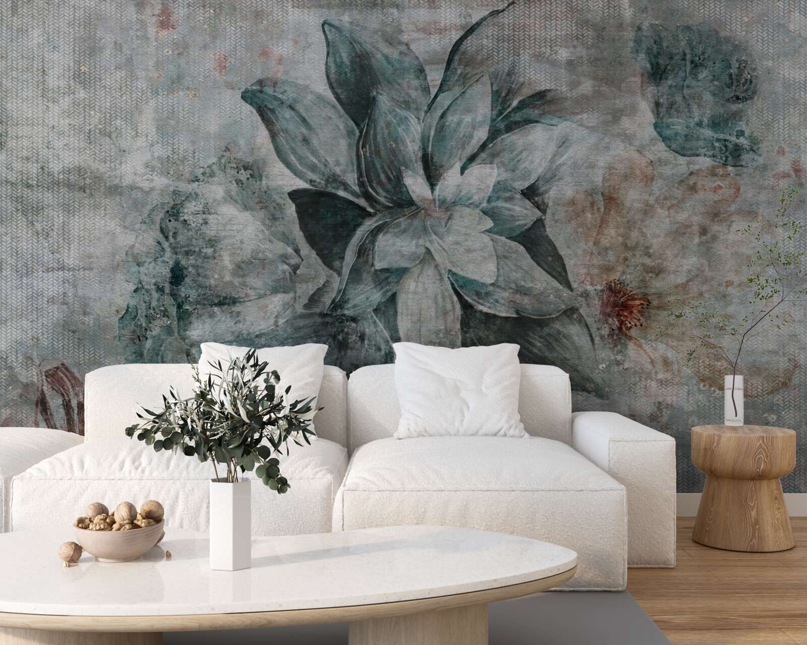 Fototapet floare alb-albastră pe un fundal neclar