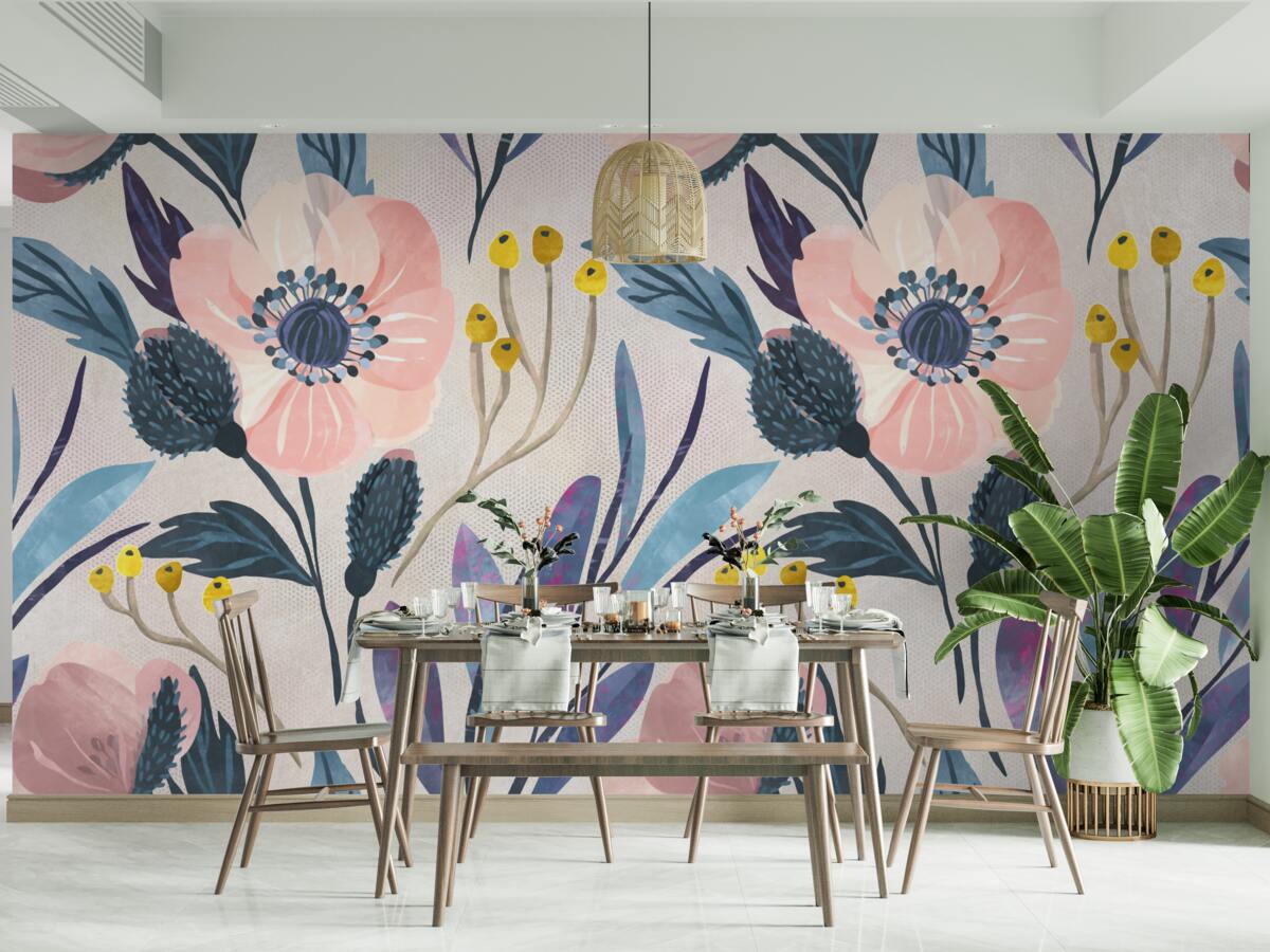 Fototapet maci roz printre frunze