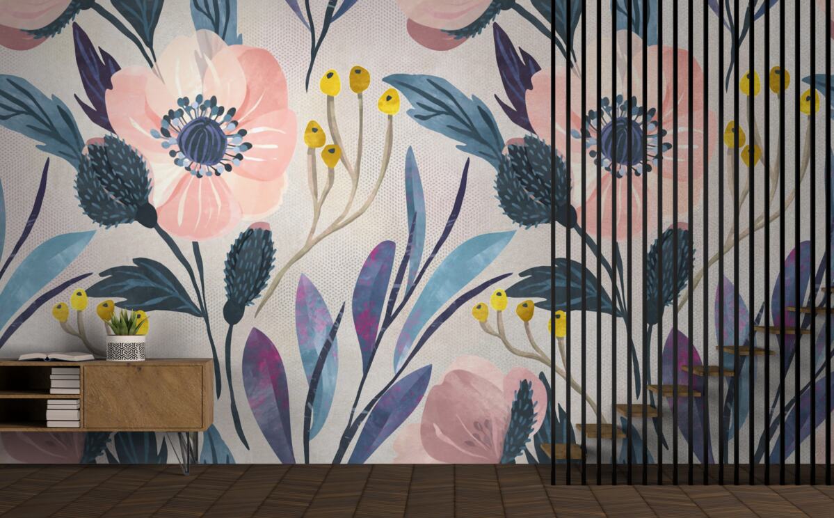 Fototapet maci roz printre frunze