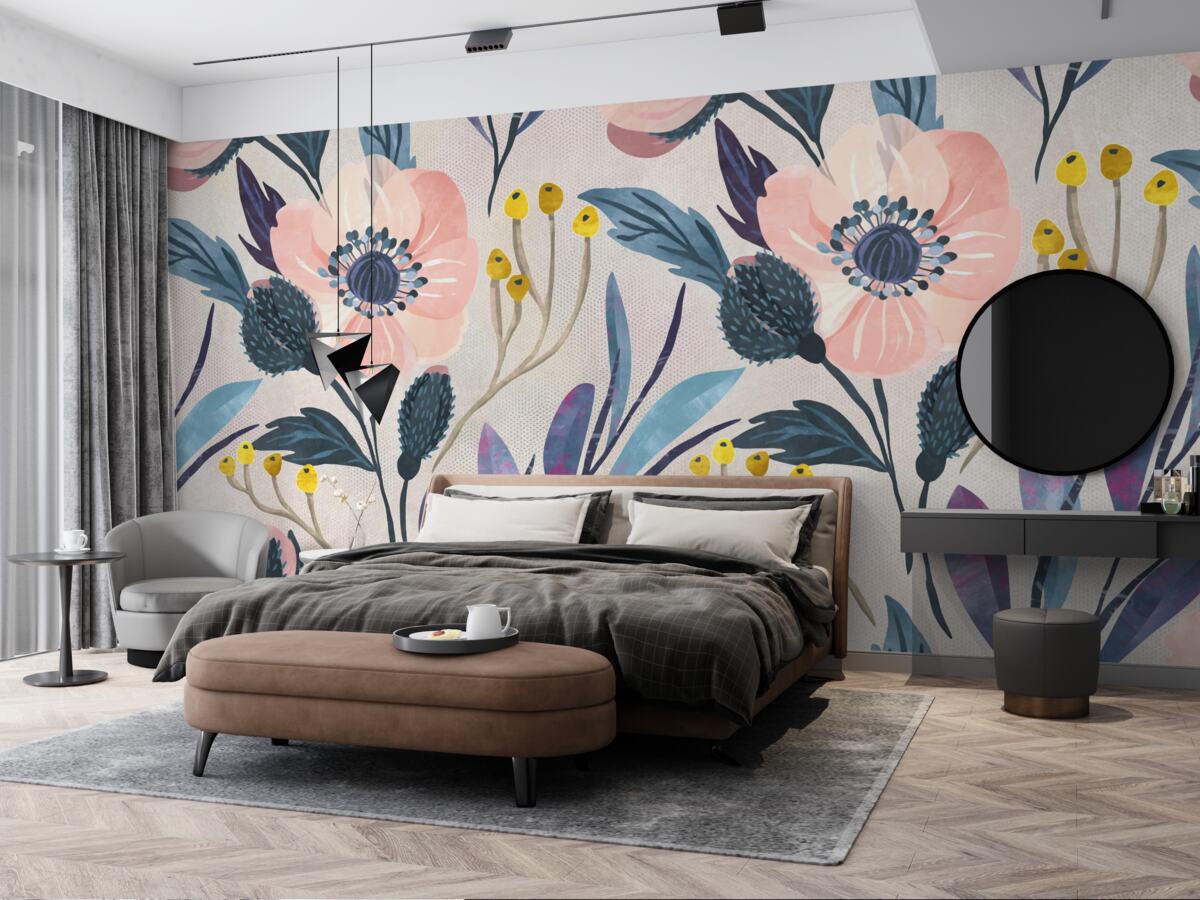 Fototapet maci roz printre frunze