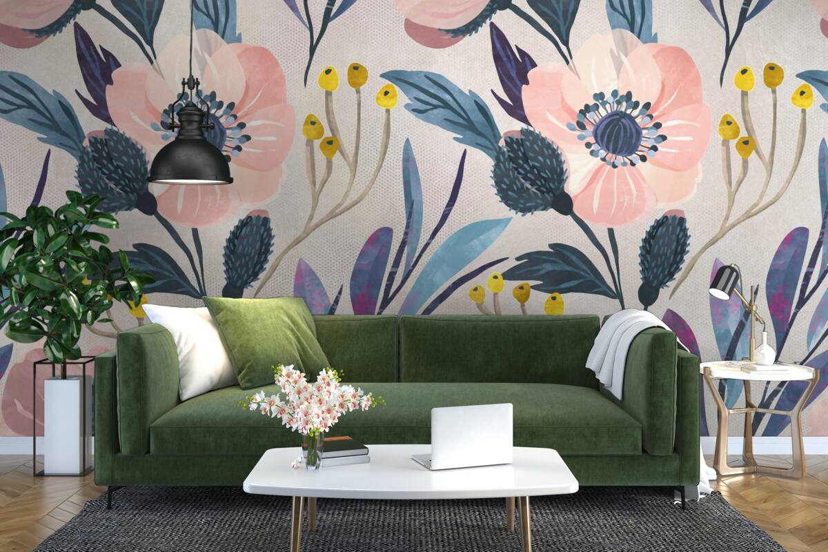 Fototapet maci roz printre frunze