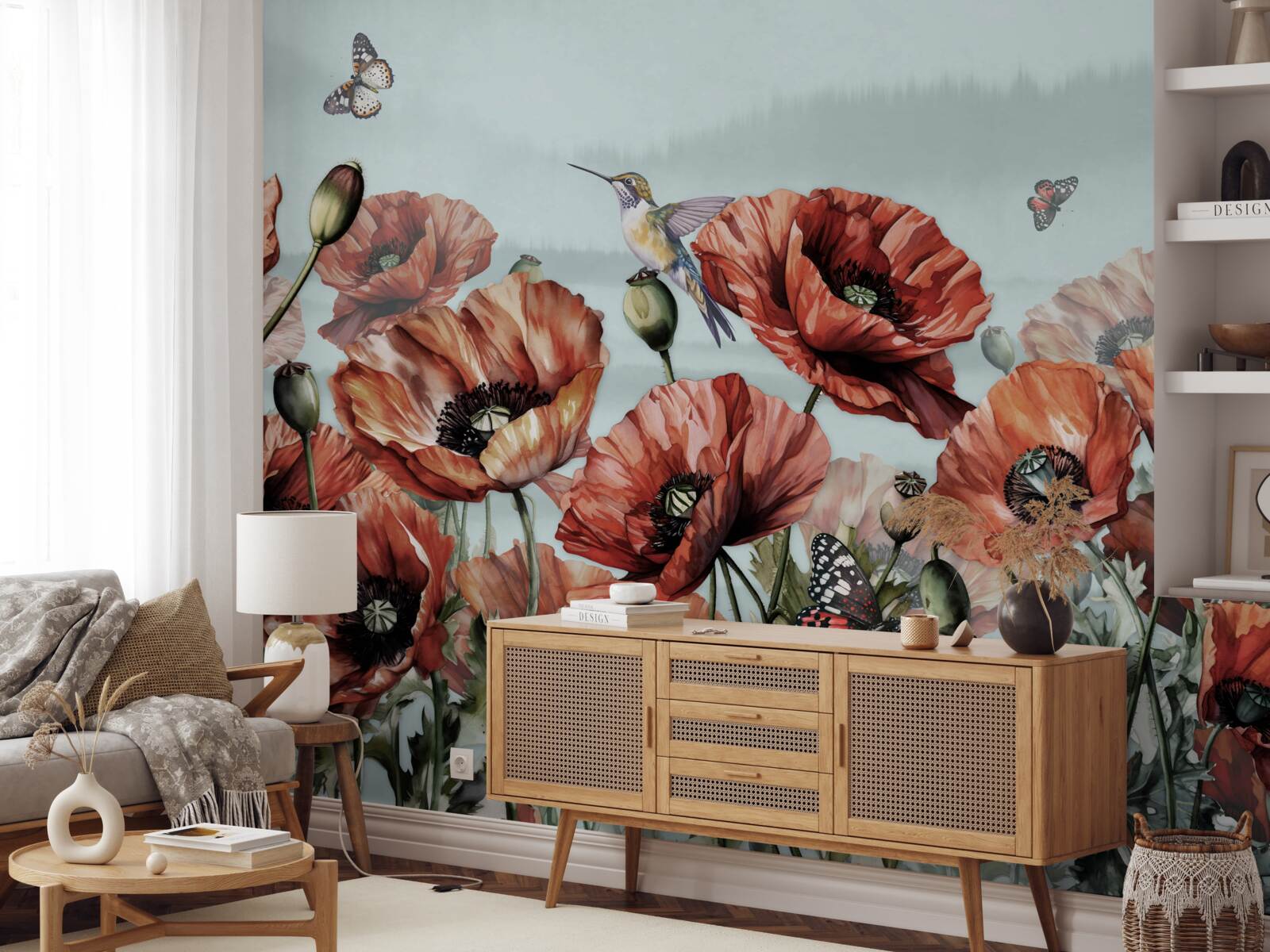 Fototapet fluturi zburând peste un câmp de maci cărămiziu