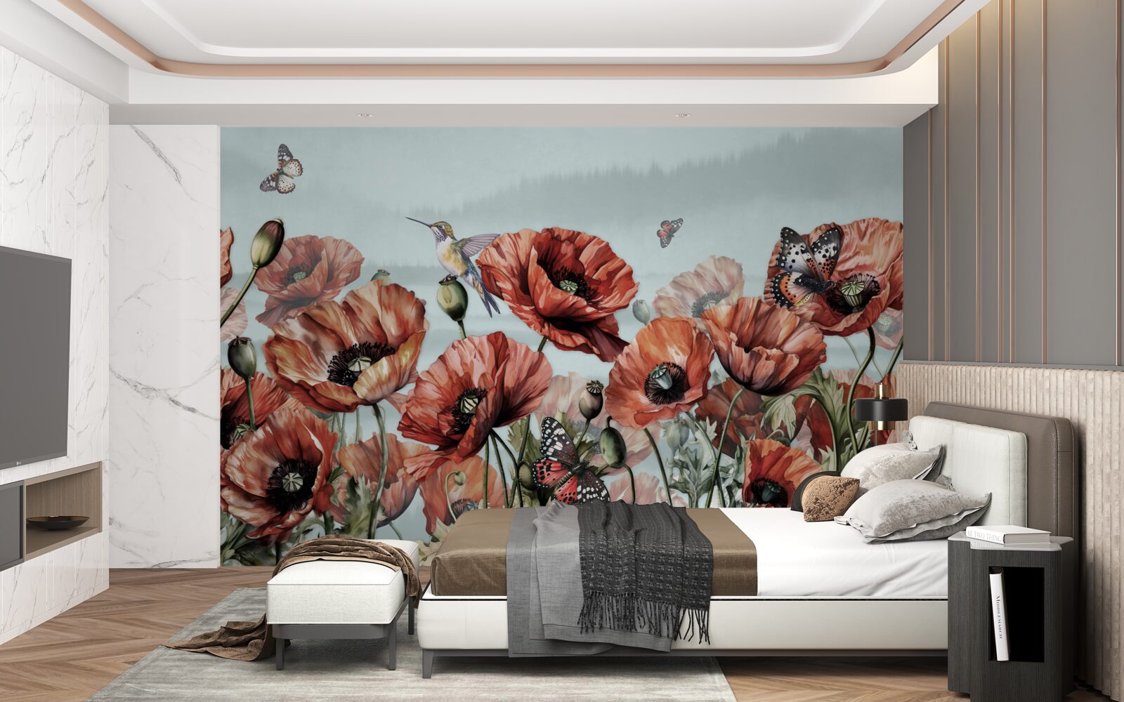 Fototapet fluturi zburând peste un câmp de maci cărămiziu