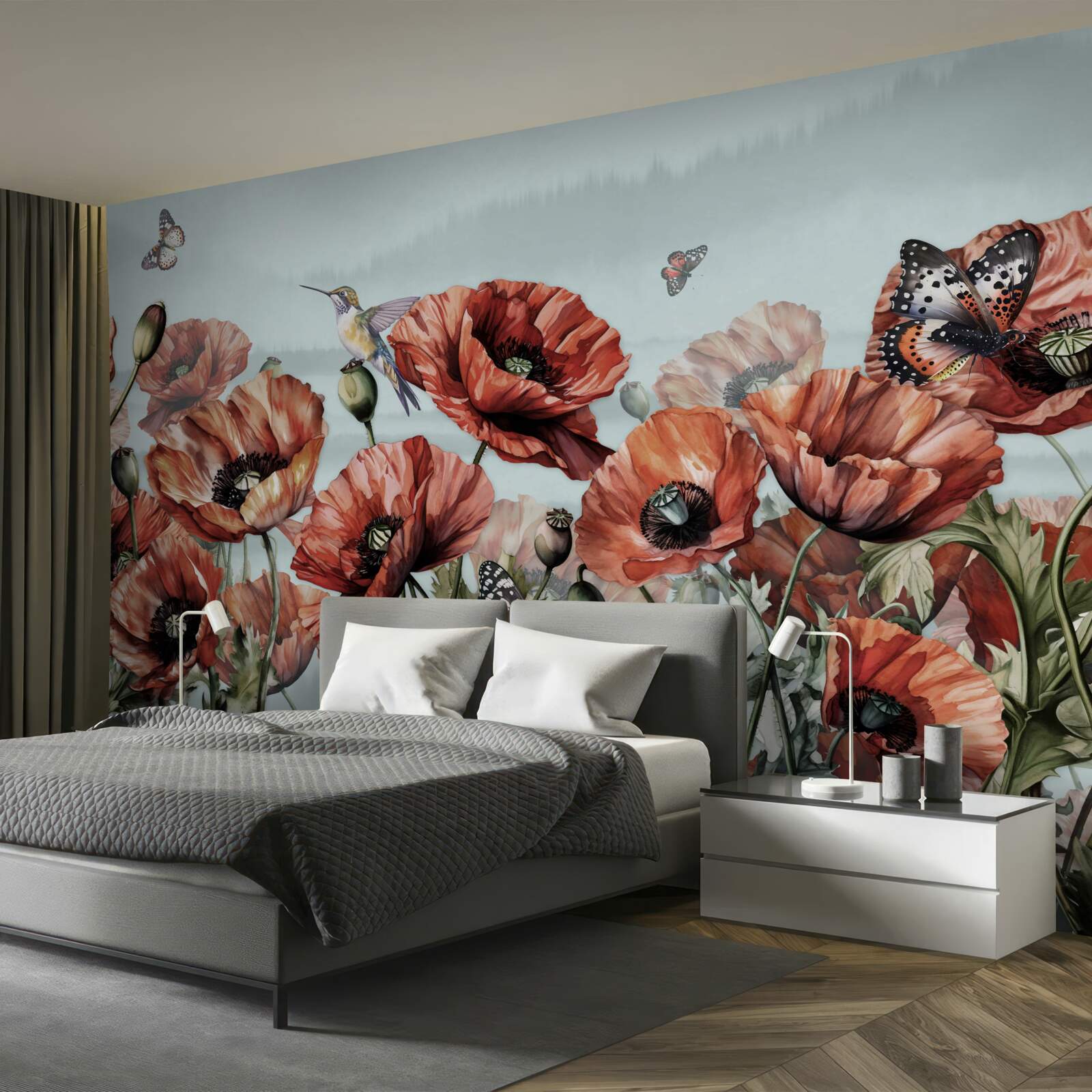 Fototapet fluturi zburând peste un câmp de maci cărămiziu