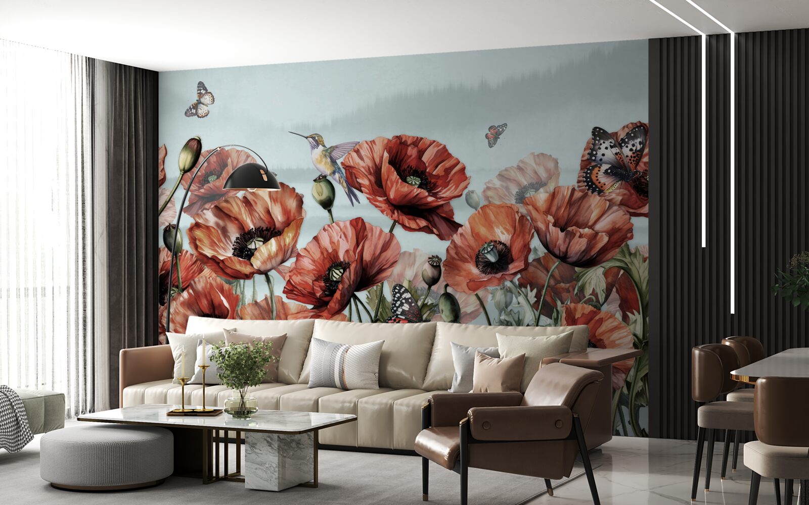 Fototapet fluturi zburând peste un câmp de maci cărămiziu