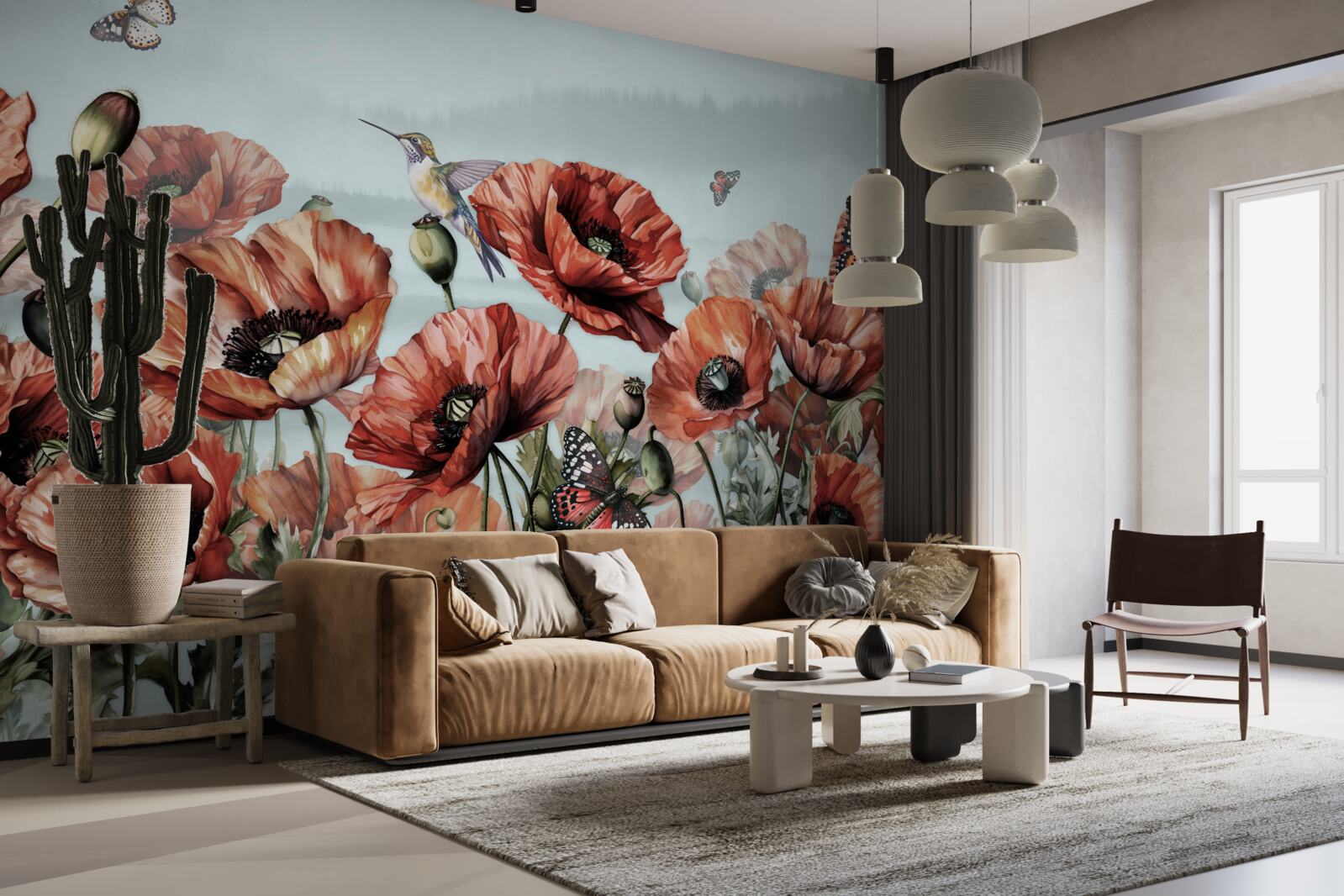 Fototapet fluturi zburând peste un câmp de maci cărămiziu