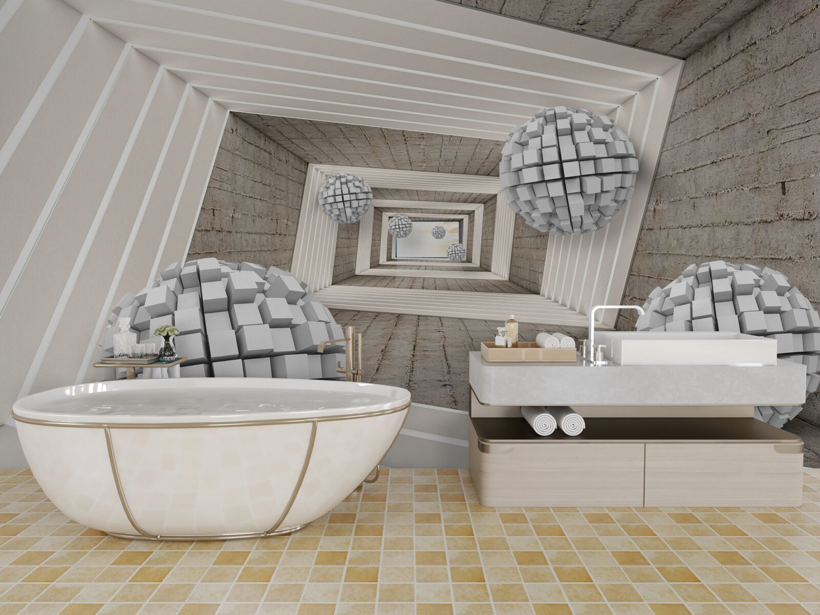 Fototapet bile formate din cuburi și un coridor fără sfârșit